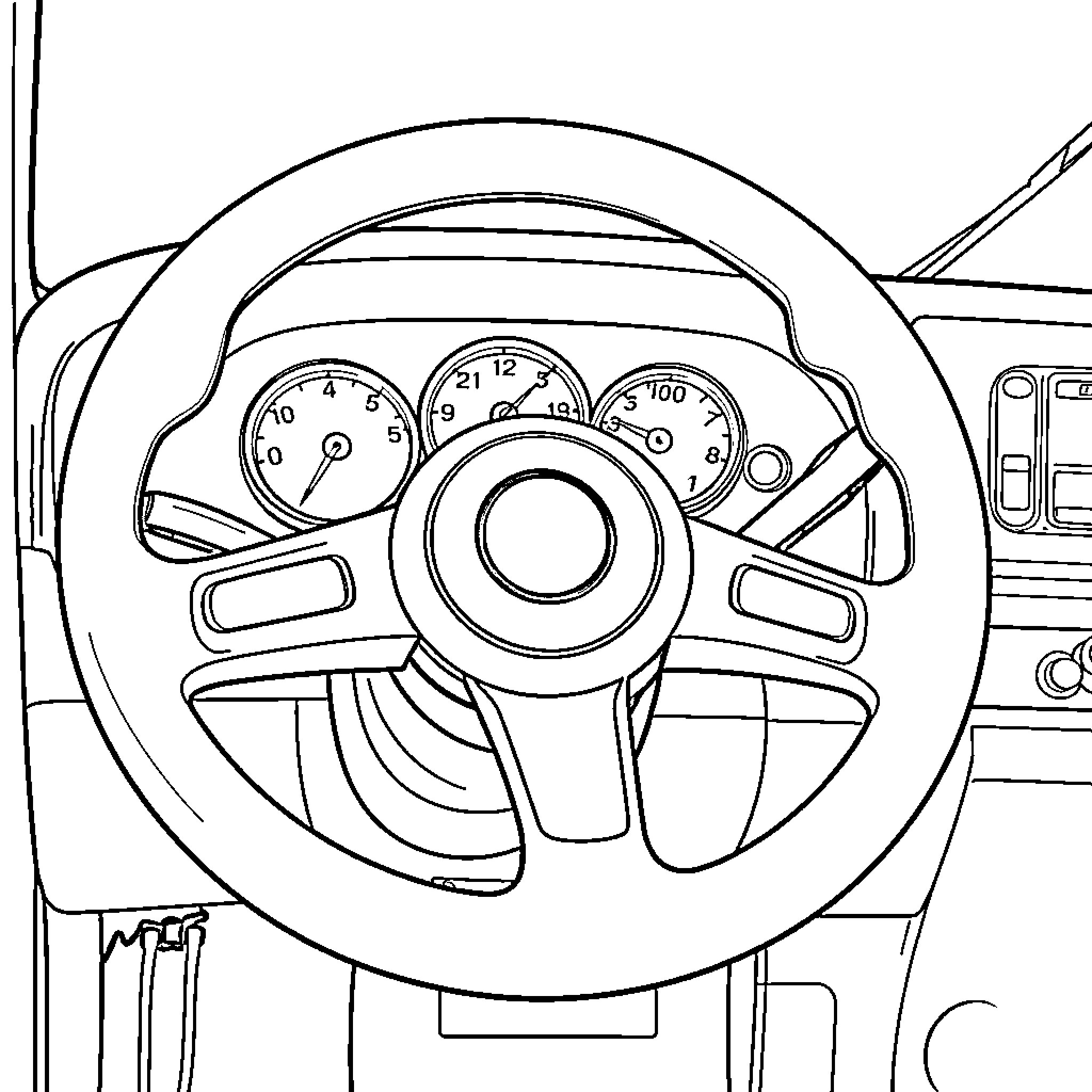 Truck driver's dashboard and steering wheel Coloring Page (free black-and-white line drawing printable PDF for all, from beginners to advanced learners, including children, teens, adults, and seniors)