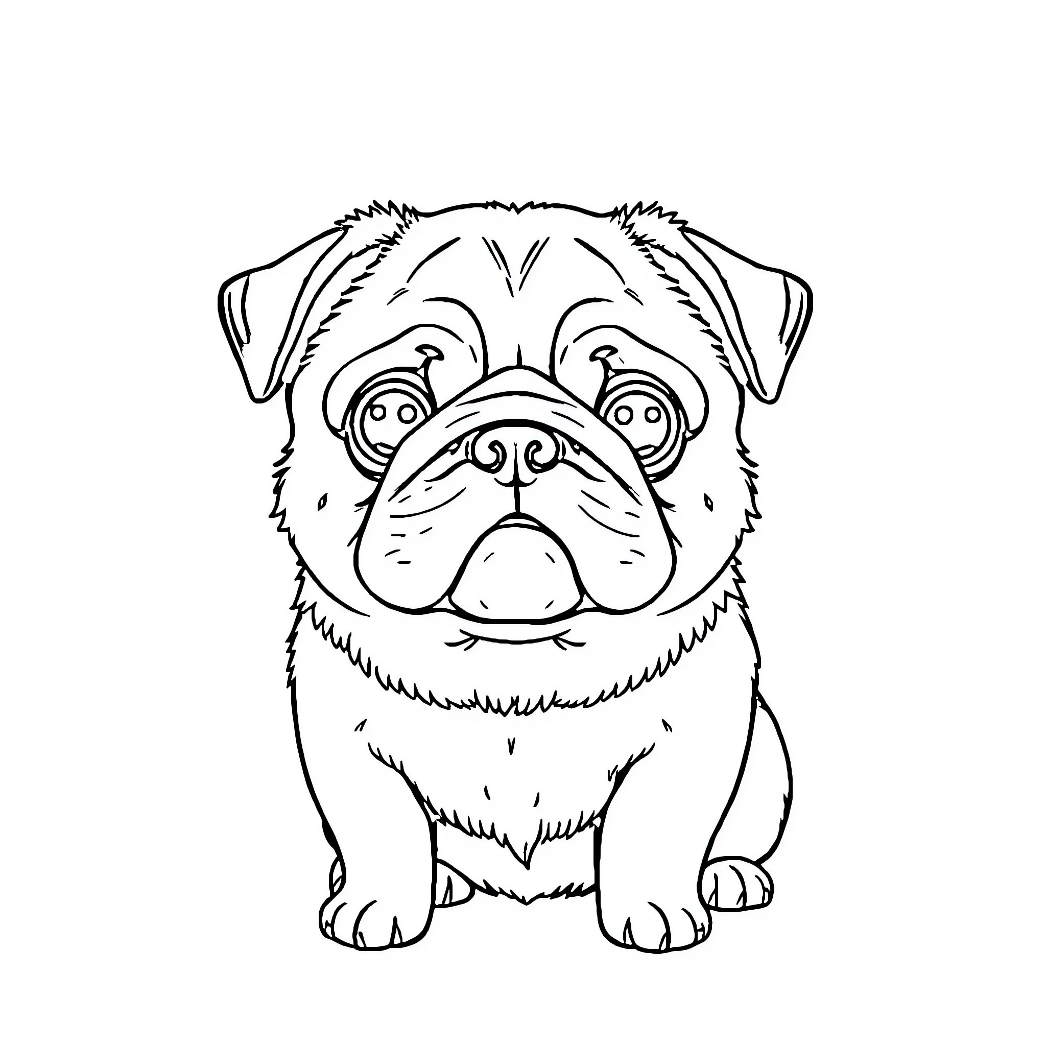 Pugzu pug dog in outline illustration Coloring Page (free black-and-white line drawing printable PDF for all, from beginners to advanced learners, including children, teens, adults, and seniors)