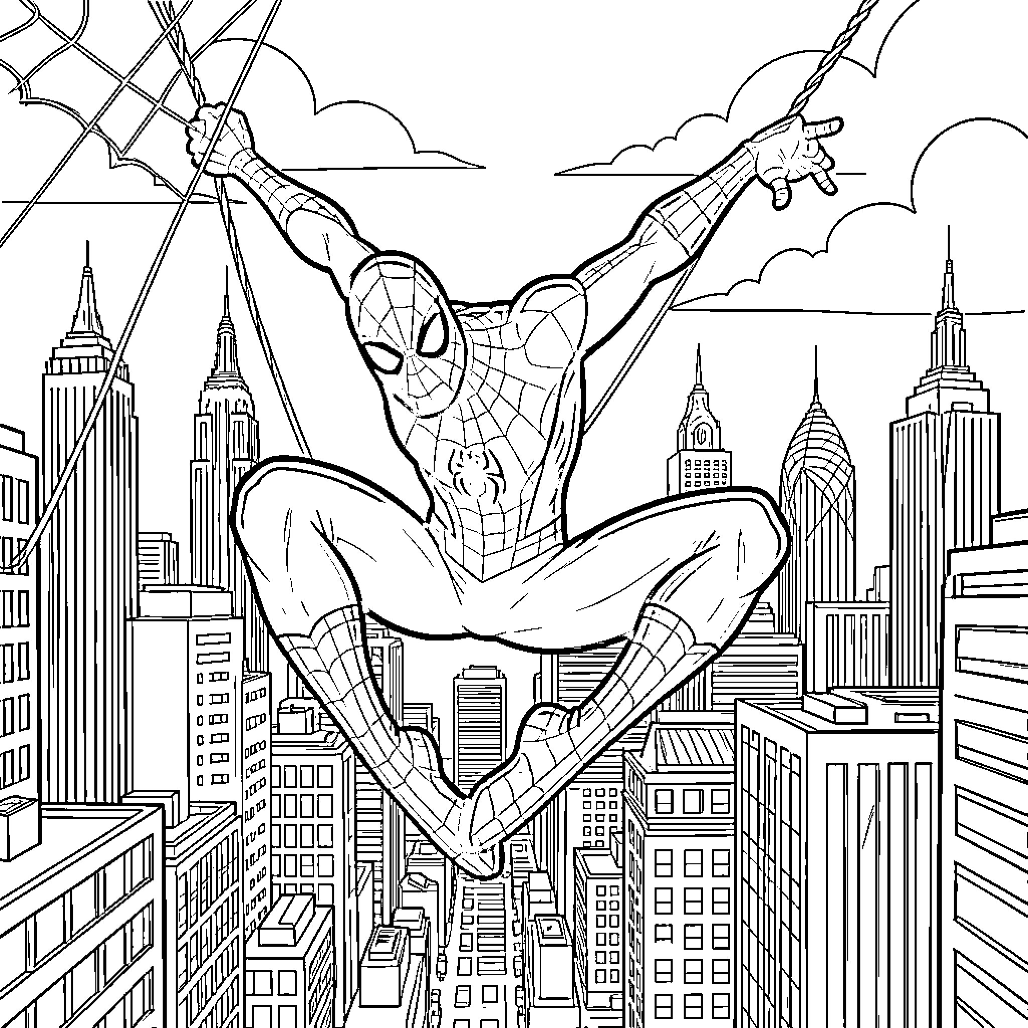 Spider-Man swinging through the city skyline Coloring Page (free black-and-white line drawing printable PDF for all, from beginners to advanced learners, including children, teens, adults, and seniors)