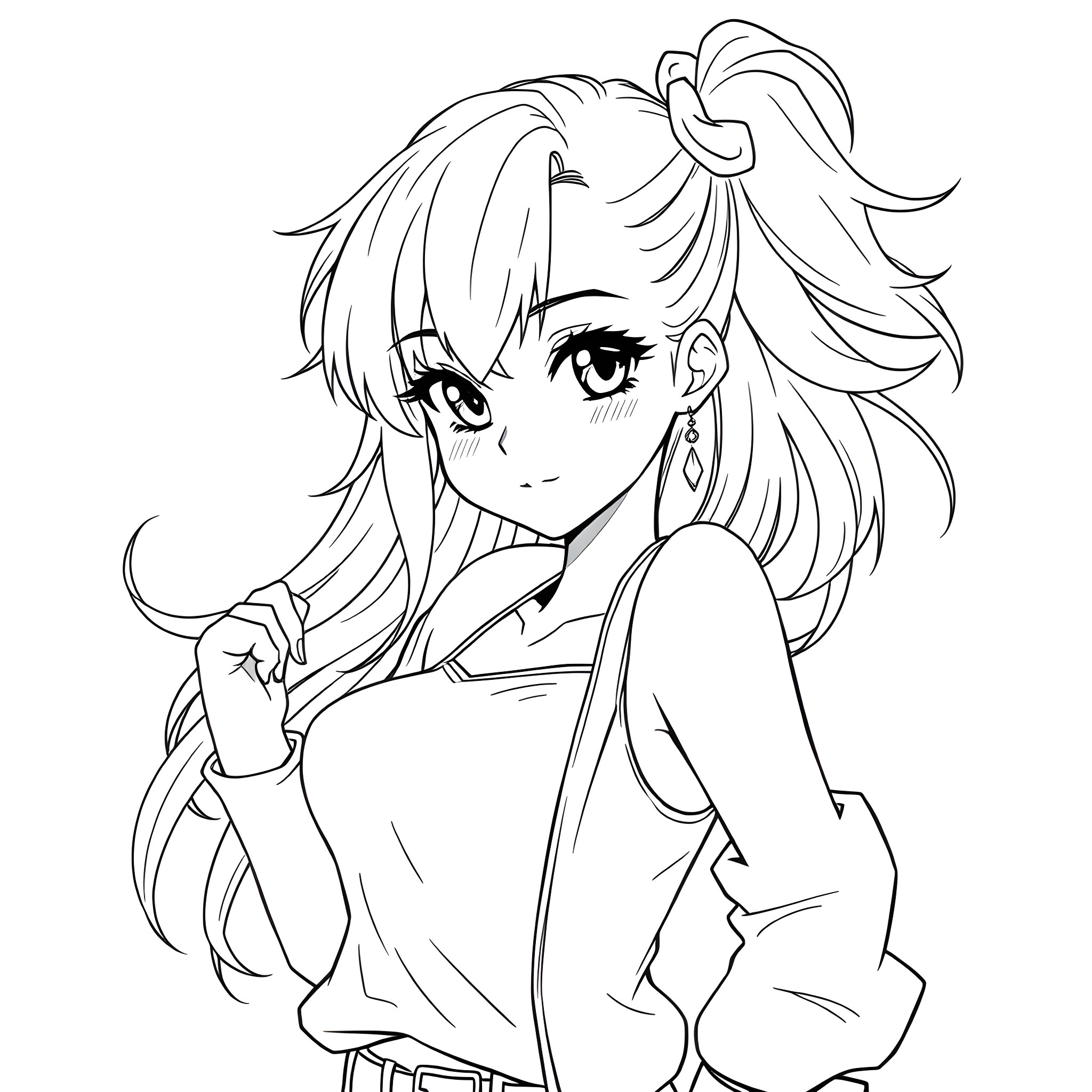 Anime girl with flowing hair and expressive eyes Coloring Page (free black-and-white line drawing printable PDF for all, from beginners to advanced learners, including children, teens, adults, and seniors)