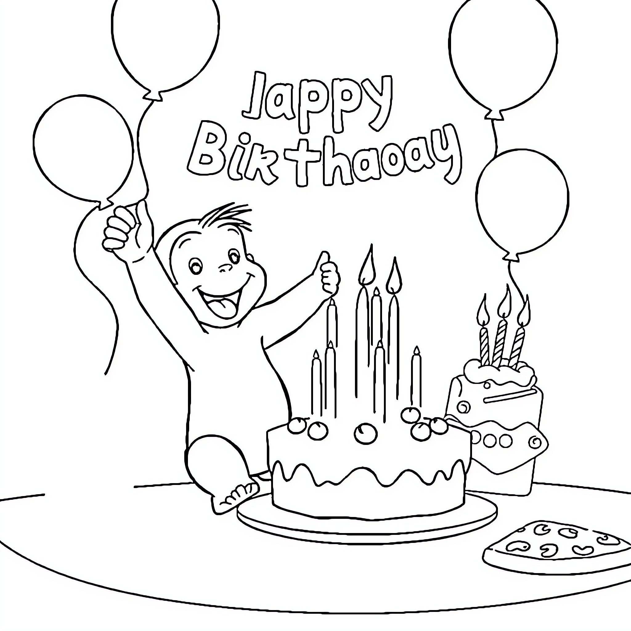 Curious George celebrates a Happy Birthday Coloring Page (free black-and-white line drawing printable PDF for all, from beginners to advanced learners, including children, teens, adults, and seniors)