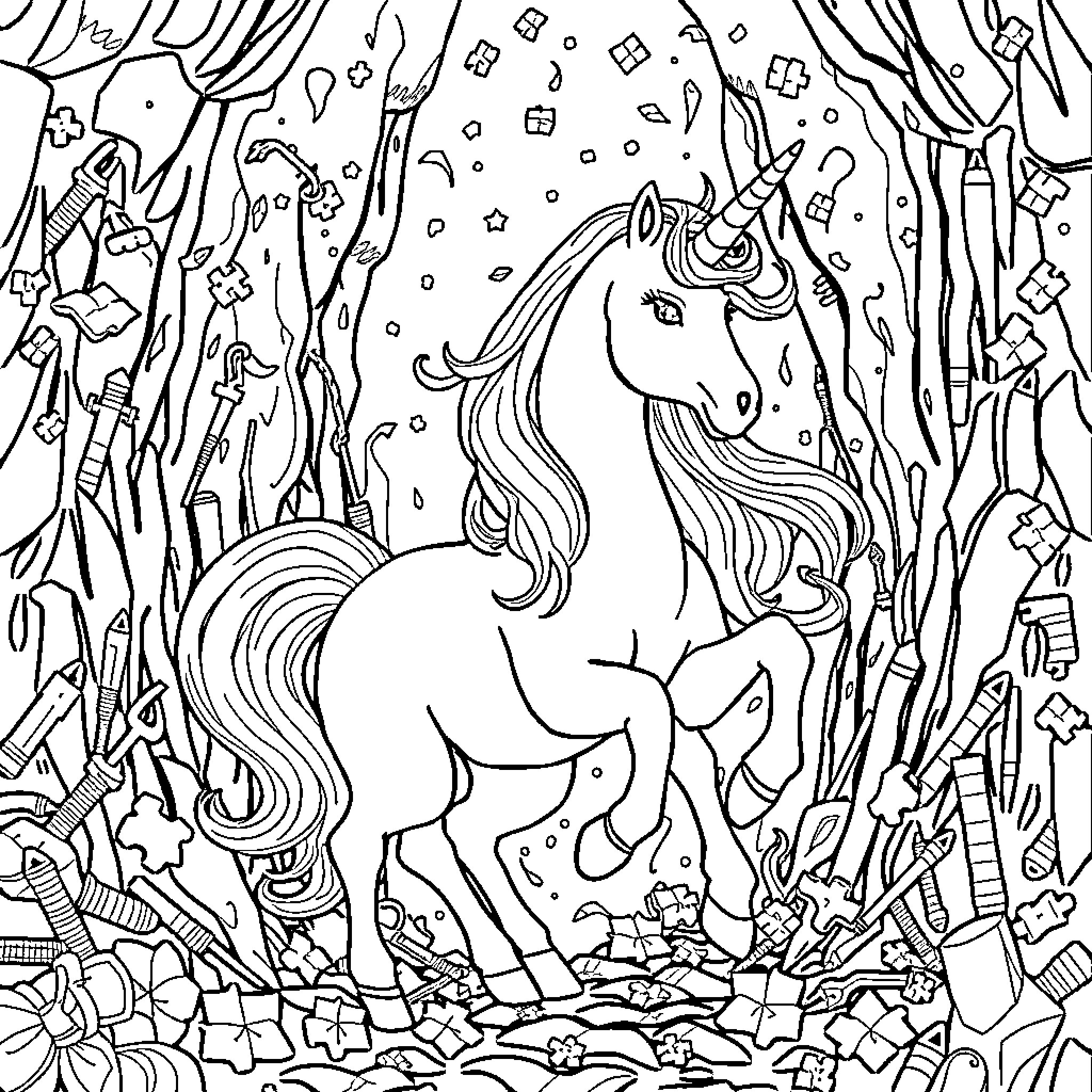 Unicorn Surrounded by Magical Symbols and Patterns Coloring Page (free black-and-white line drawing printable PDF for all, from beginners to advanced learners, including children, teens, adults, and seniors)