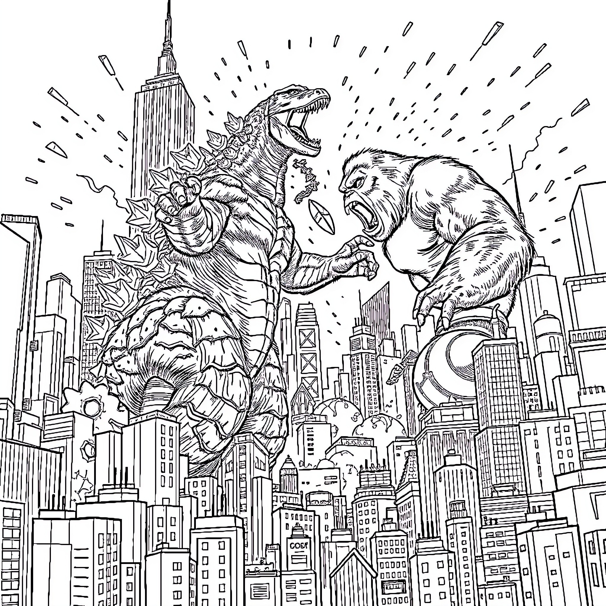 Godzilla battling a ferocious creature in the city Coloring Page (free black-and-white line drawing printable PDF for all, from beginners to advanced learners, including children, teens, adults, and seniors)