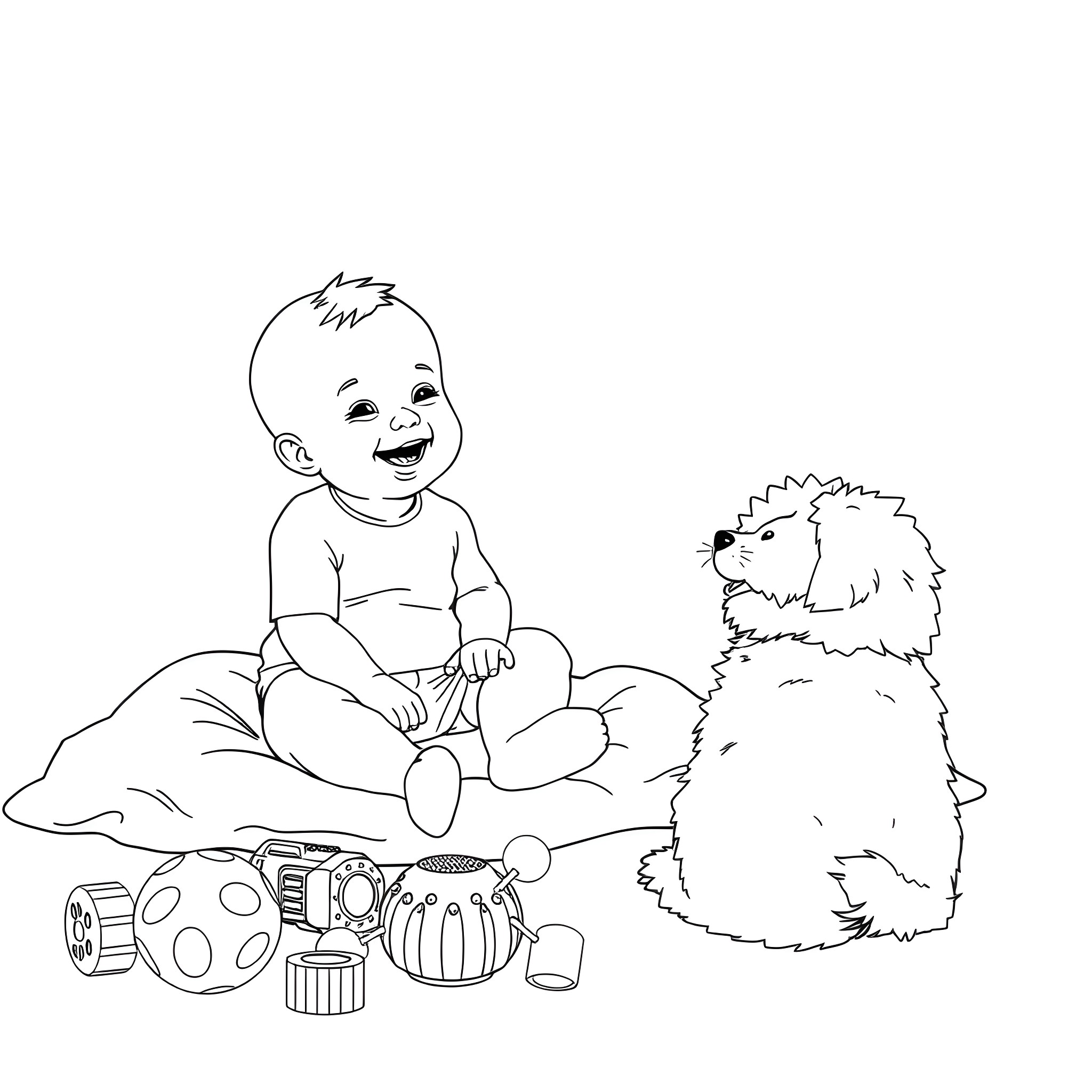 Baby playing happily with a fluffy dog Coloring Page (free black-and-white line drawing printable PDF for all, from beginners to advanced learners, including children, teens, adults, and seniors)