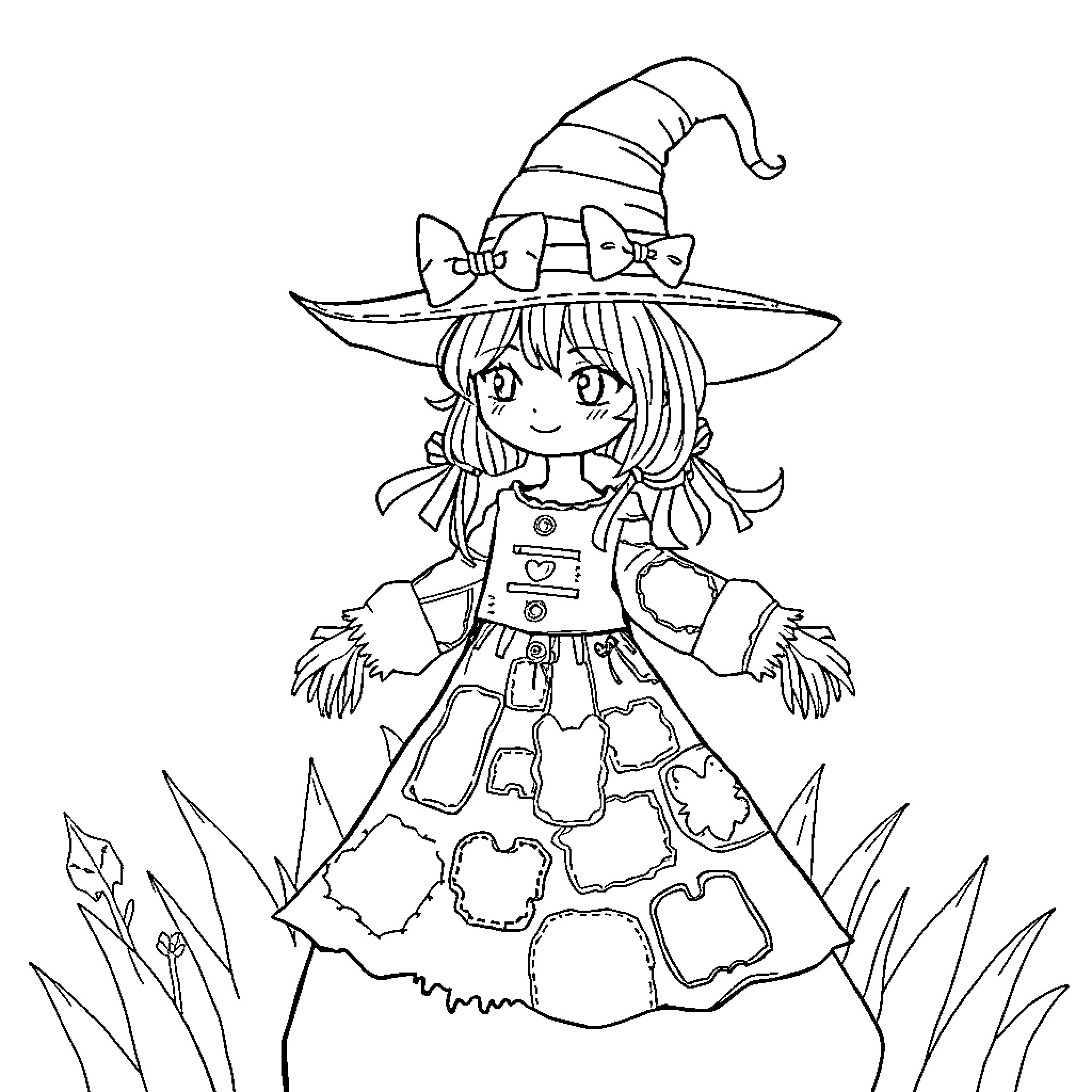 Girl in Whimsical Witch Costume Coloring Page (free black-and-white line drawing printable PDF for all, from beginners to advanced learners, including children, teens, adults, and seniors)