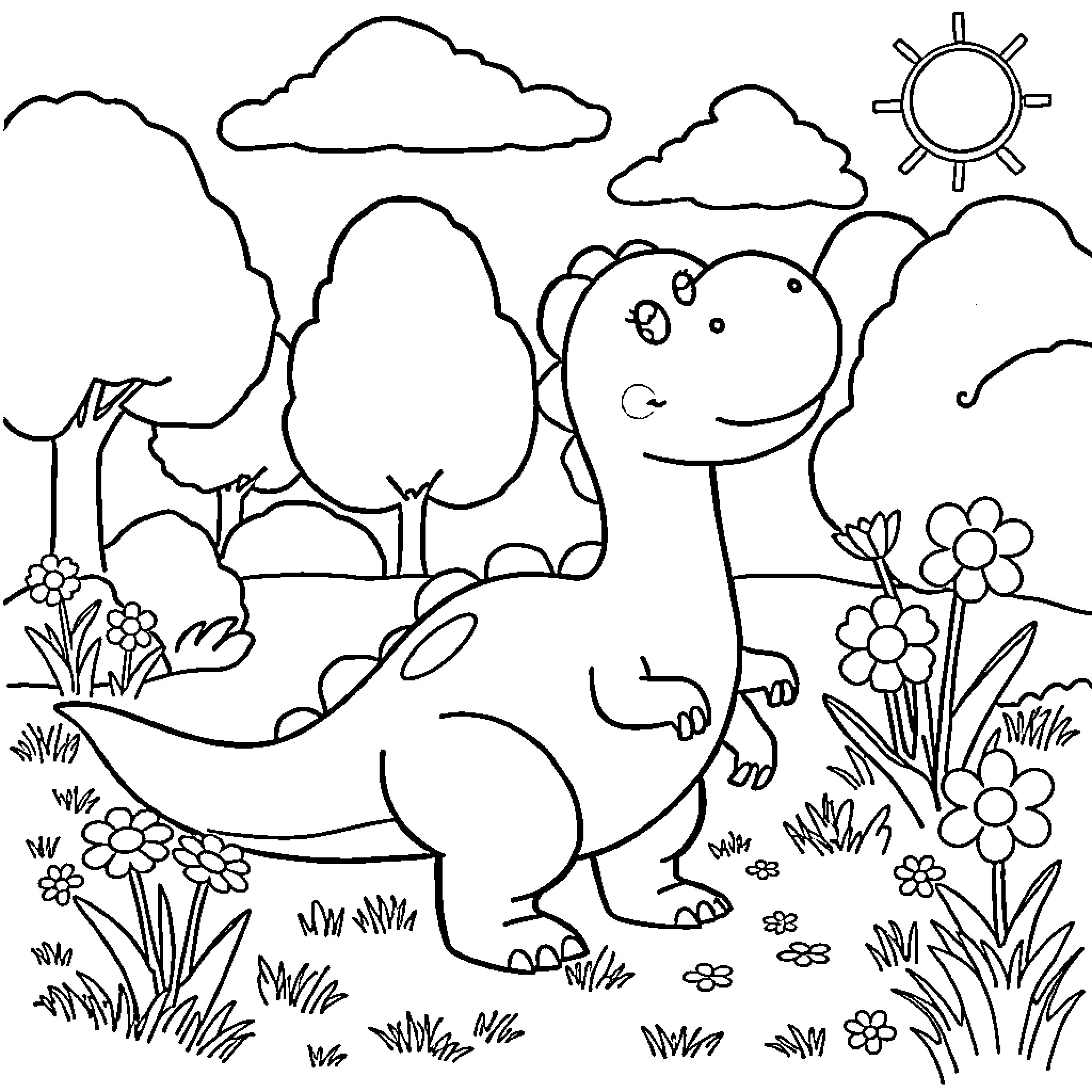 Dino enjoying a sunny day in the nature Coloring Page (free black-and-white line drawing printable PDF for all, from beginners to advanced learners, including children, teens, adults, and seniors)