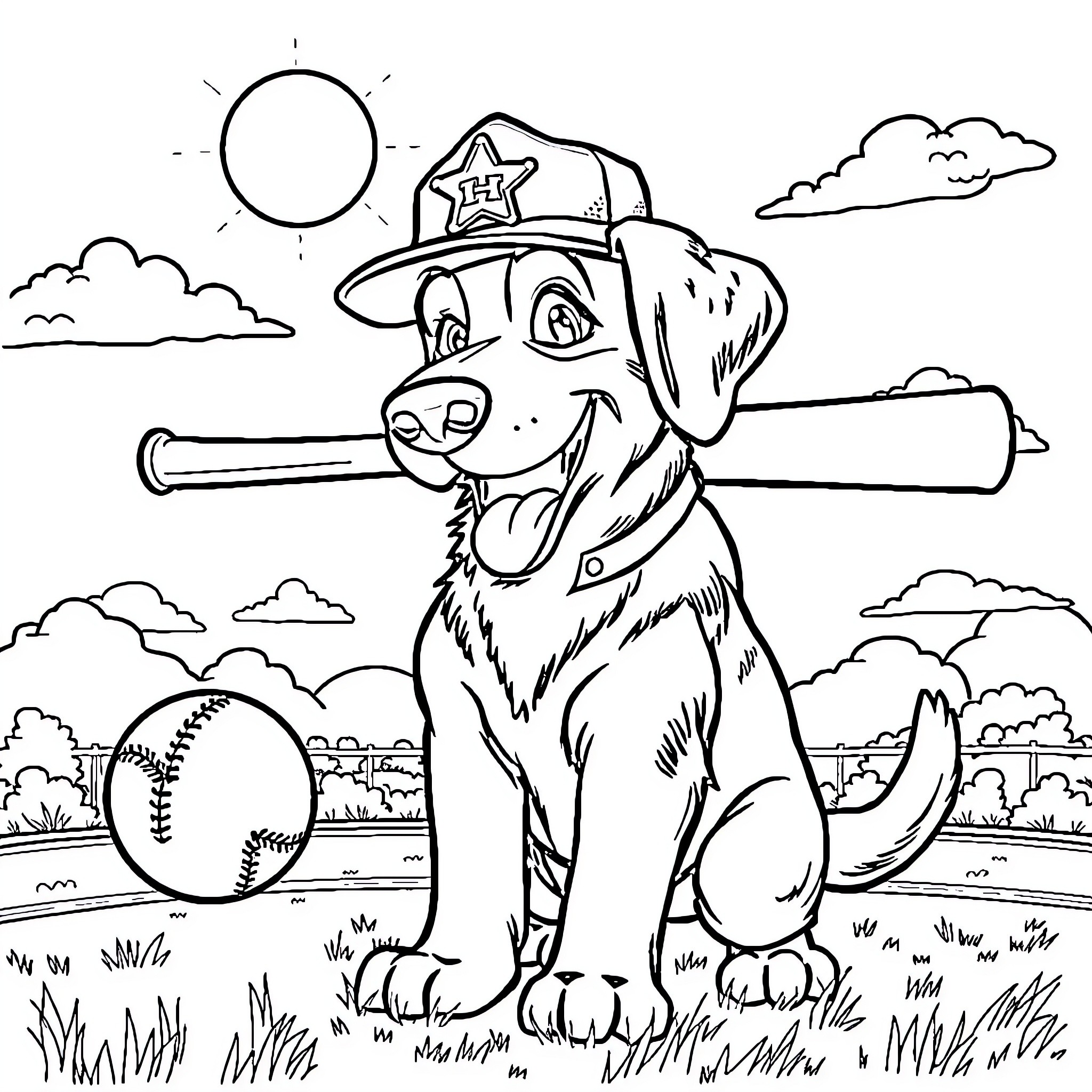 Labrador dog in baseball uniform playing outdoors Coloring Page (free black-and-white line drawing printable PDF for all, from beginners to advanced learners, including children, teens, adults, and seniors)