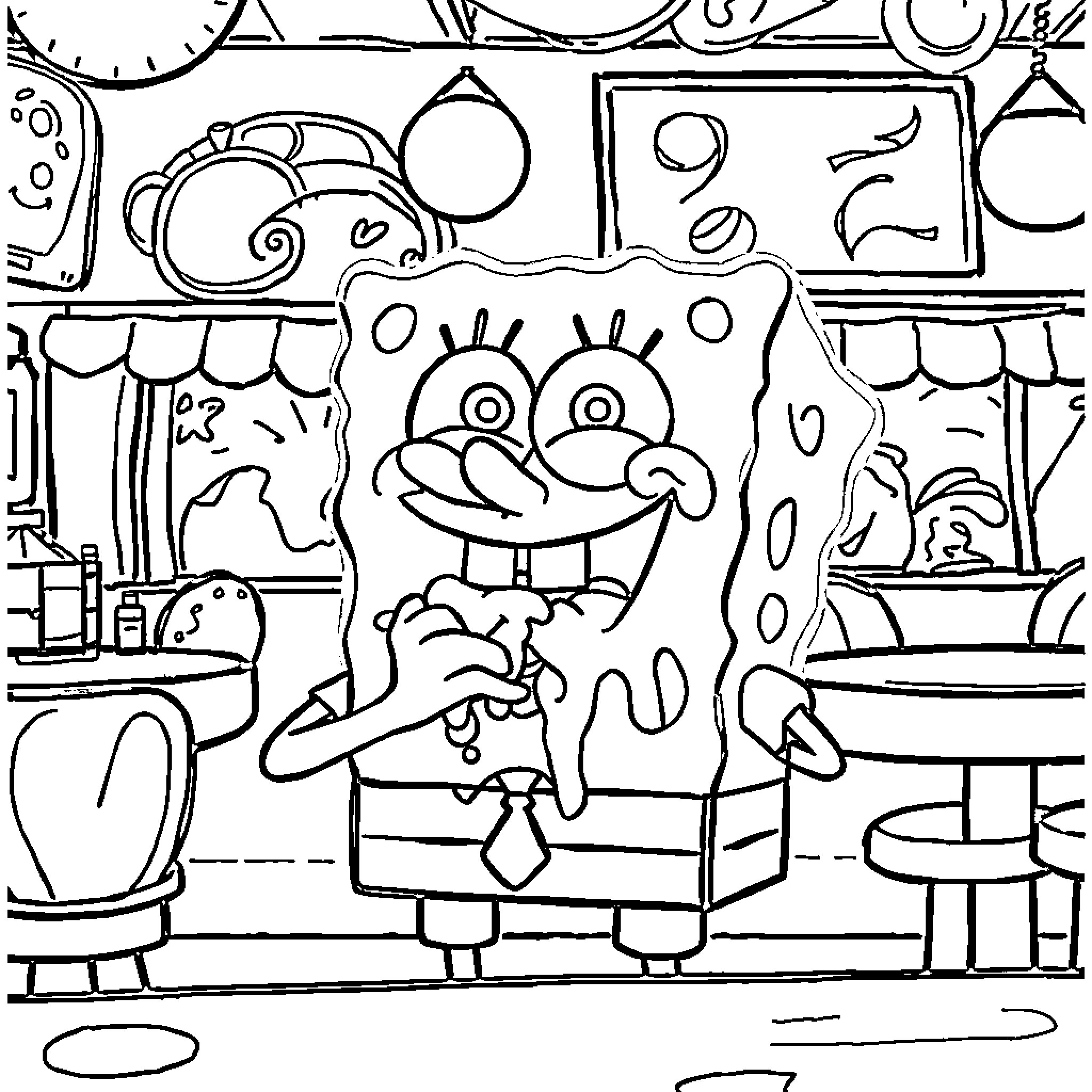 Spongebob in his eccentric underwater home Coloring Page (free black-and-white line drawing printable PDF for all, from beginners to advanced learners, including children, teens, adults, and seniors)