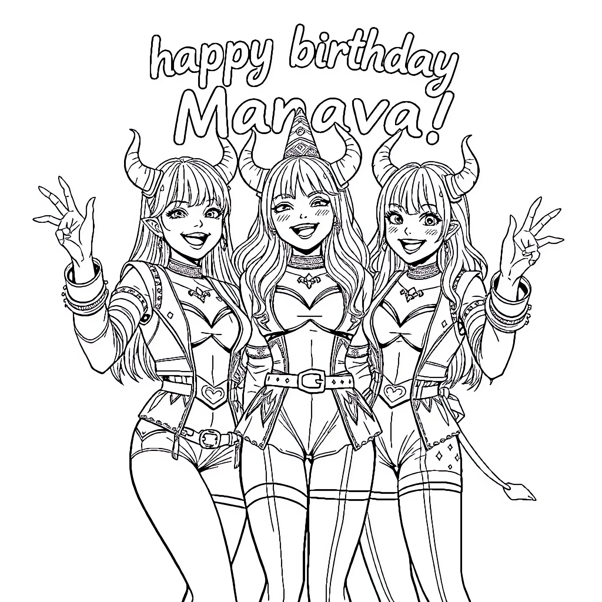 Kpop Stars Celebrate Birthday with Festive Outfits Coloring Page (free black-and-white line drawing printable PDF for all, from beginners to advanced learners, including children, teens, adults, and seniors)