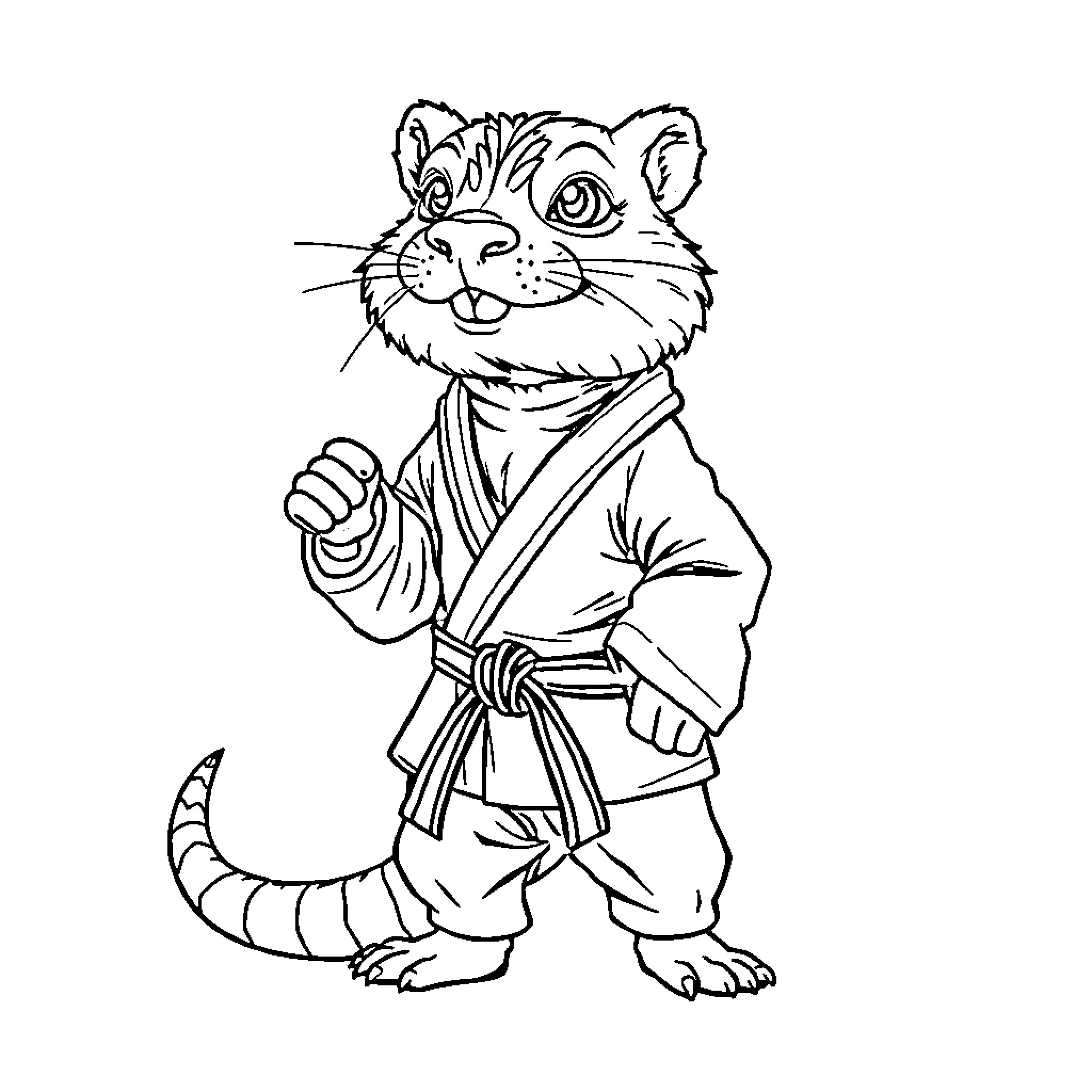 Karate Dog in Traditional Martial Arts Uniform Coloring Page (free black-and-white line drawing printable PDF for all, from beginners to advanced learners, including children, teens, adults, and seniors)