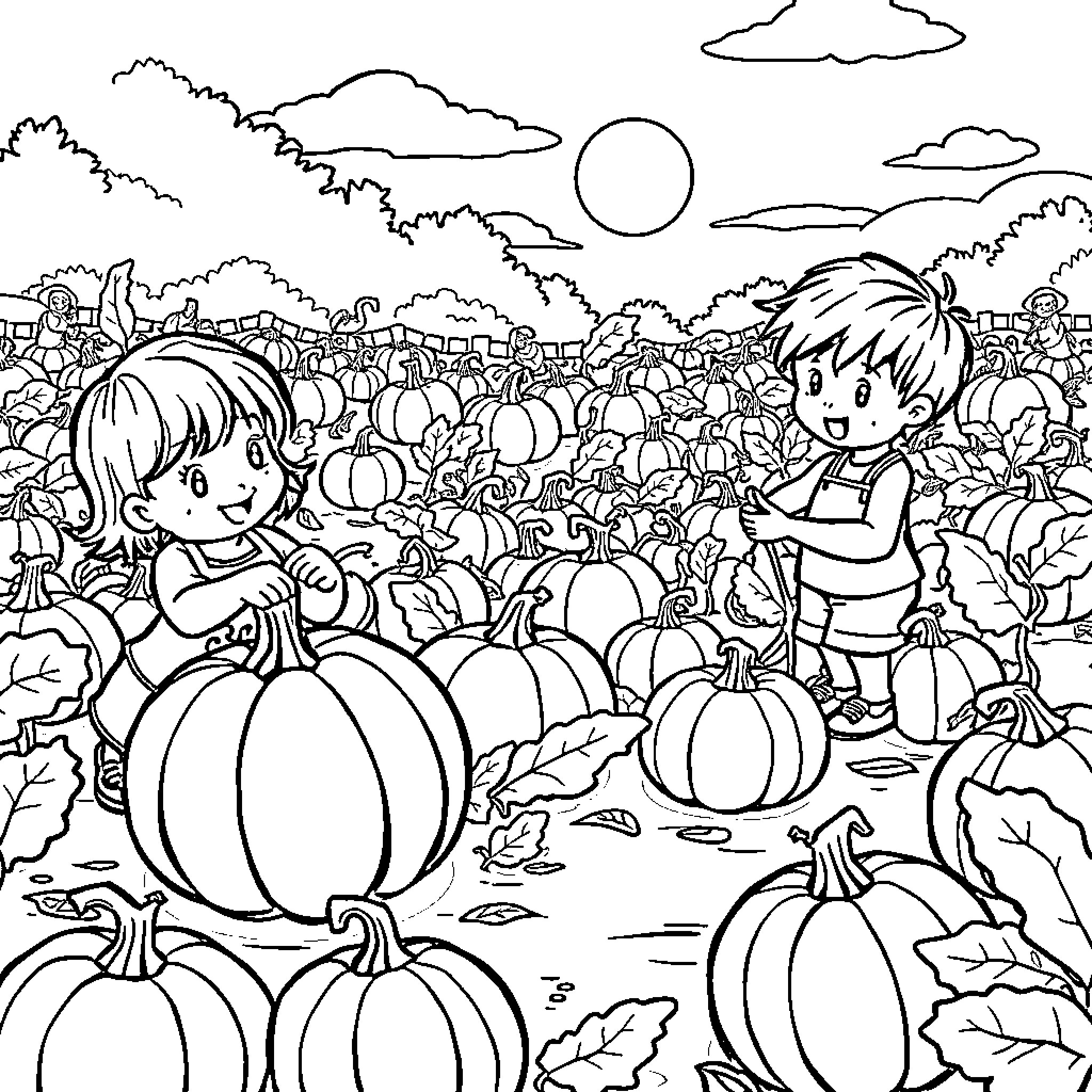 Pumpkin Patch Adventure with Friends Coloring Page (free black-and-white line drawing printable PDF for all, from beginners to advanced learners, including children, teens, adults, and seniors)