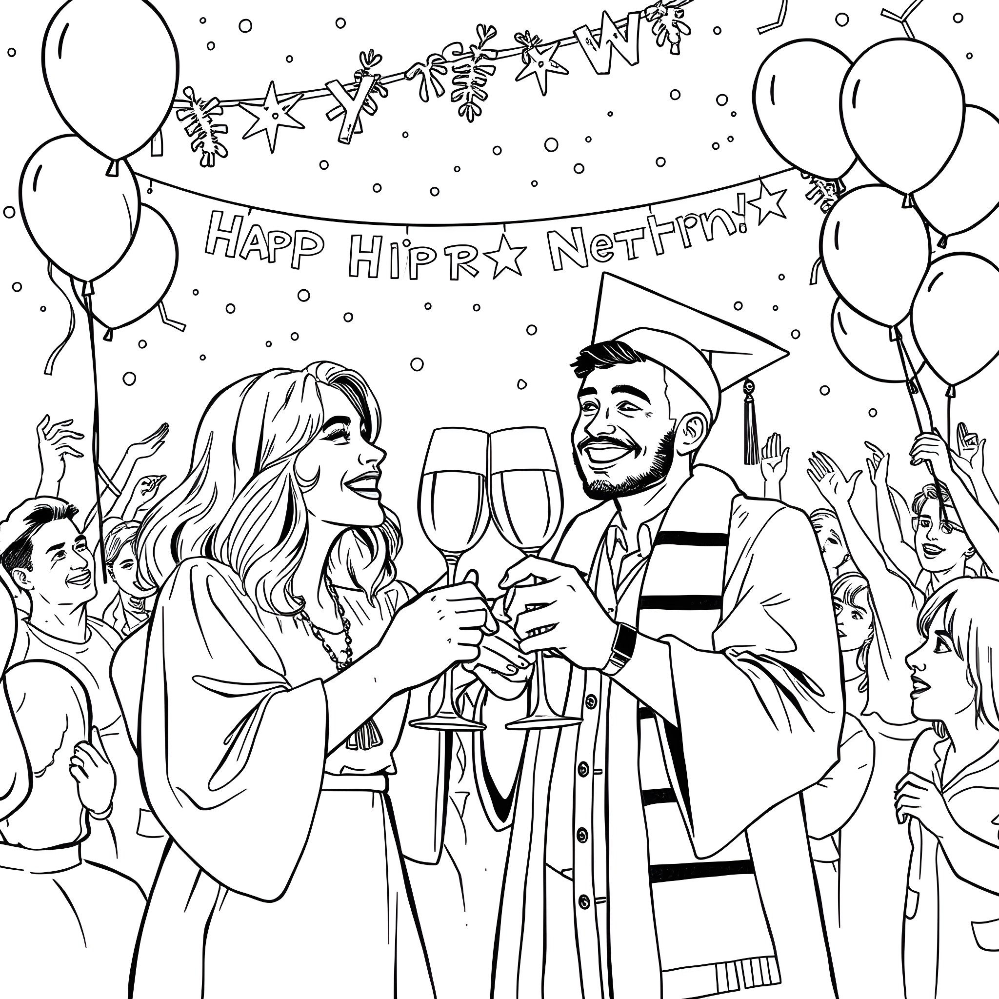 Morgan Rogers celebrating graduation with loved ones Coloring Page (free black-and-white line drawing printable PDF for all, from beginners to advanced learners, including children, teens, adults, and seniors)