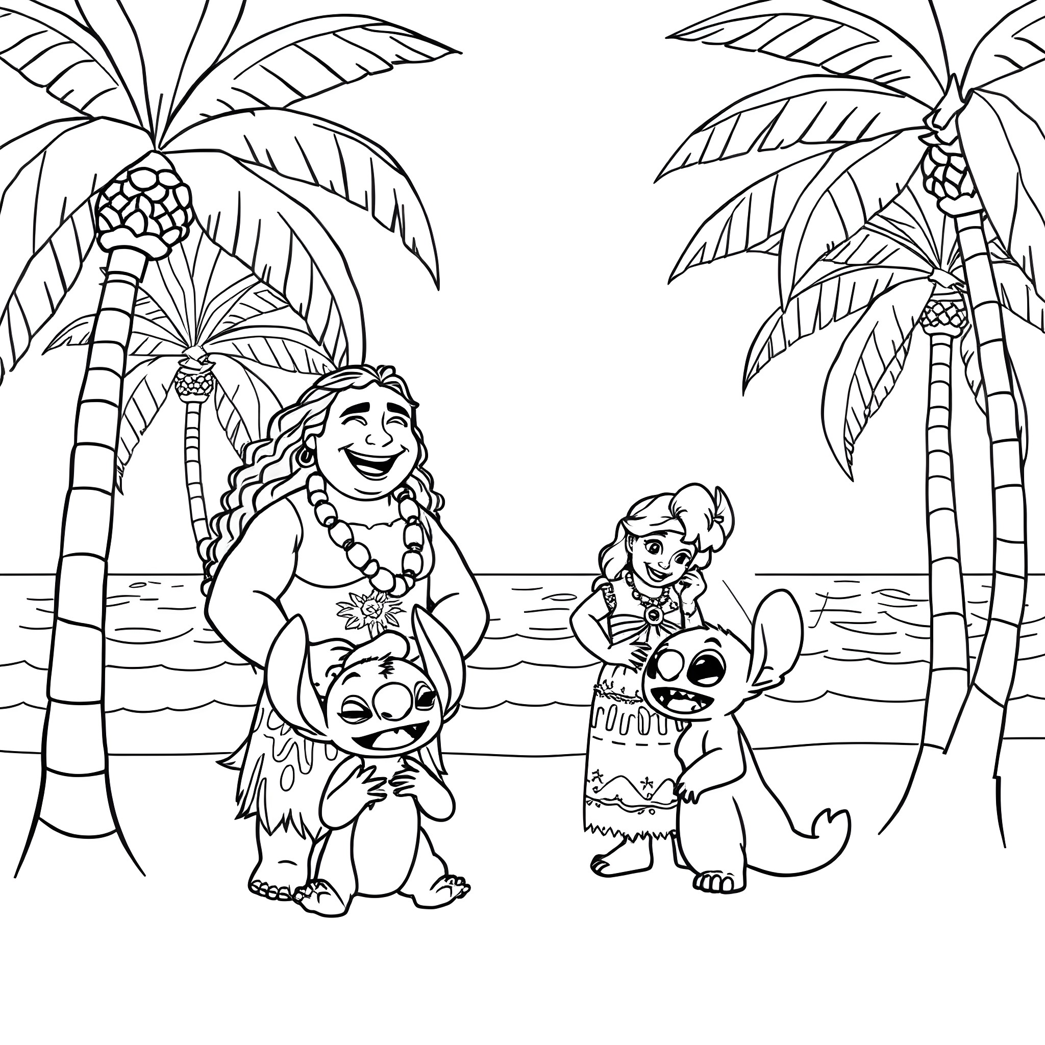 Moana and friends enjoy the tropical paradise Coloring Page (free black-and-white line drawing printable PDF for all, from beginners to advanced learners, including children, teens, adults, and seniors)