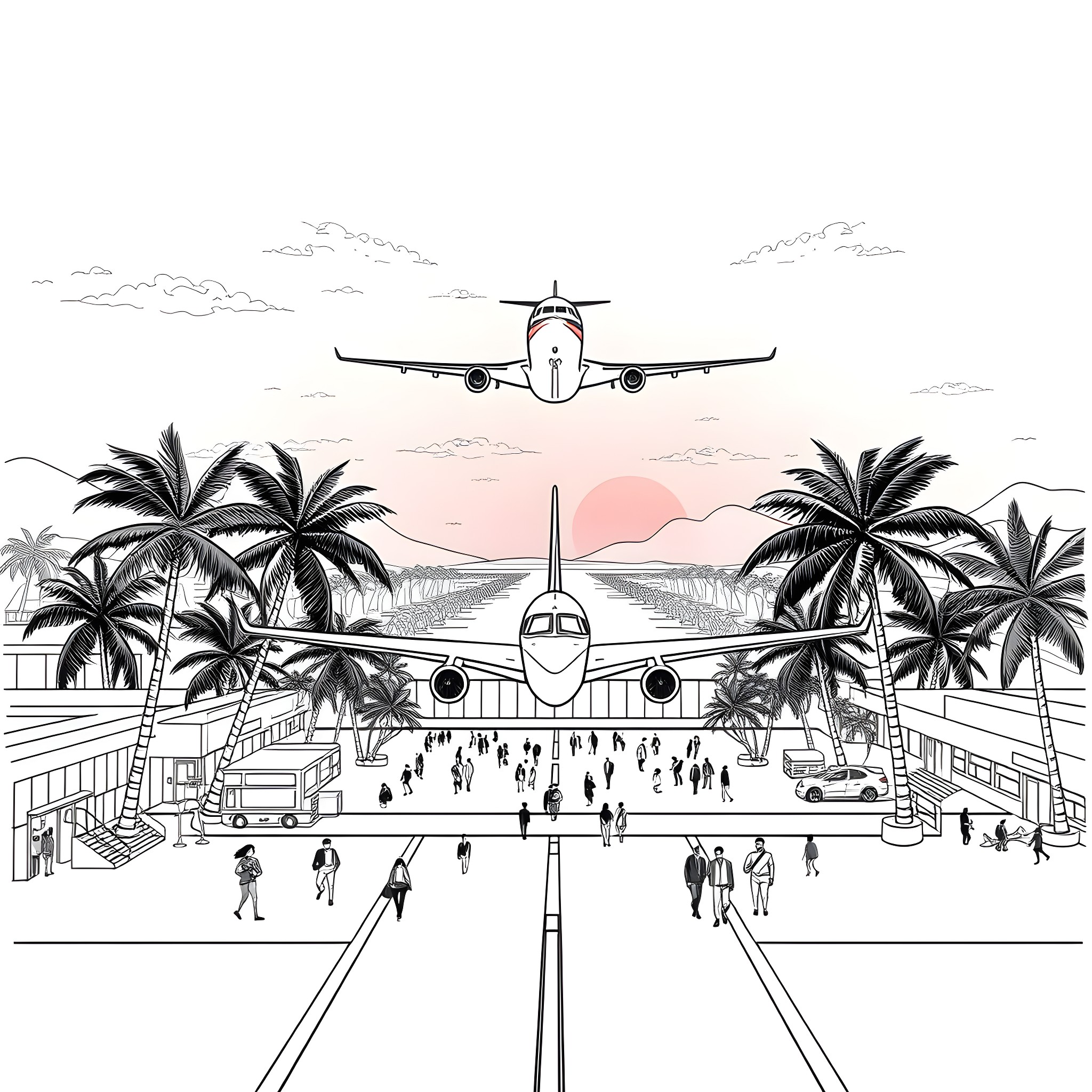 Jet Plane Arriving at Tropical Airport Coloring Page (free black-and-white line drawing printable PDF for all, from beginners to advanced learners, including children, teens, adults, and seniors)