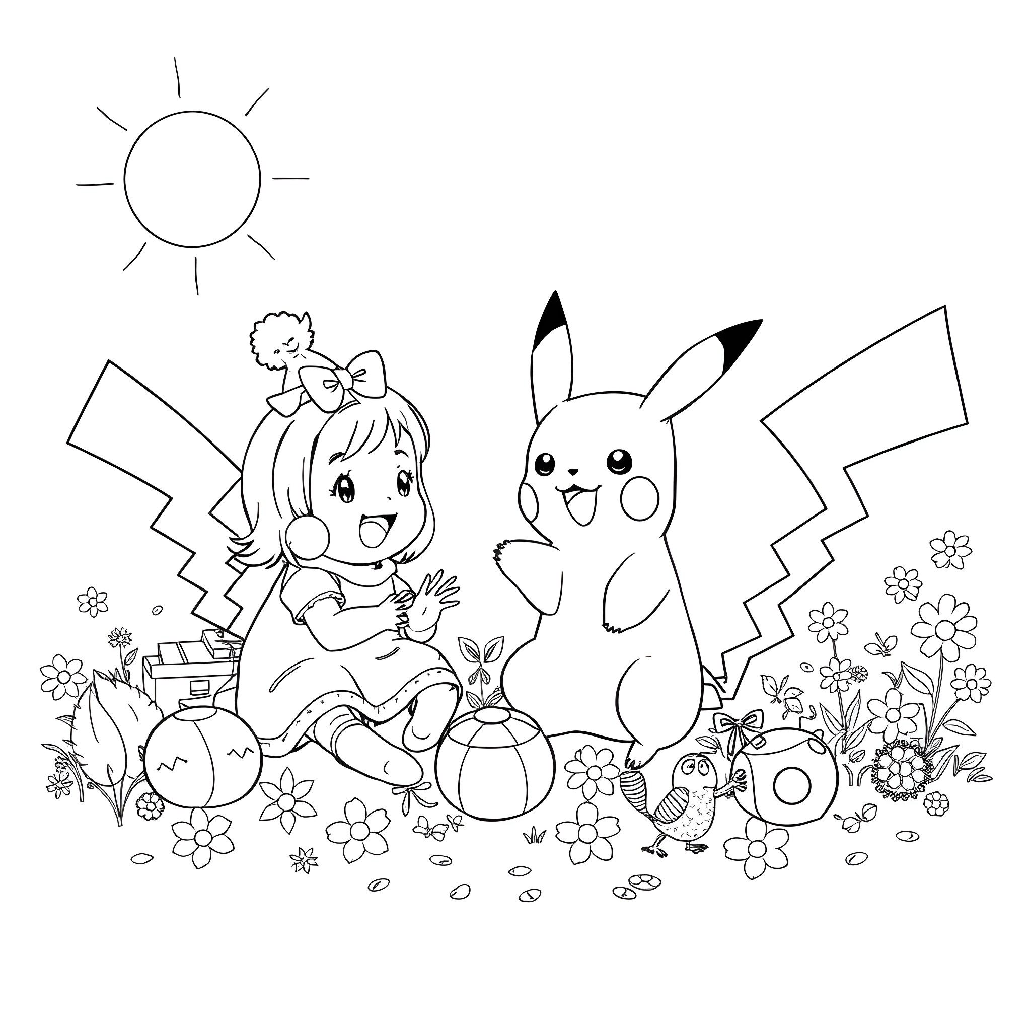 Pikachu and Girl Playing in Flower-Filled Meadow Coloring Page (free black-and-white line drawing printable PDF for all, from beginners to advanced learners, including children, teens, adults, and seniors)