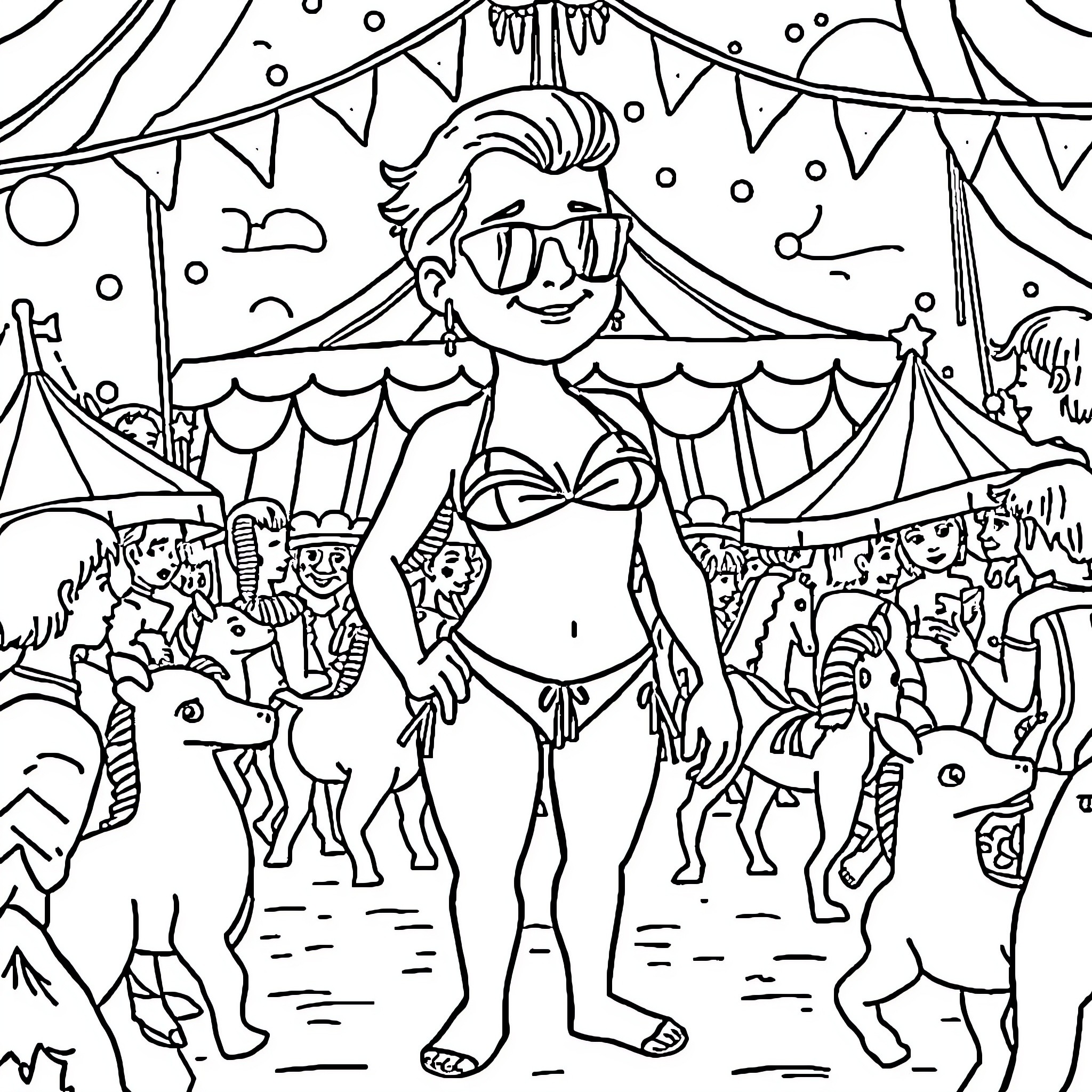 Macron dressed as a carnival performer at a festive gathering Coloring Page (free black-and-white line drawing printable PDF for all, from beginners to advanced learners, including children, teens, adults, and seniors)