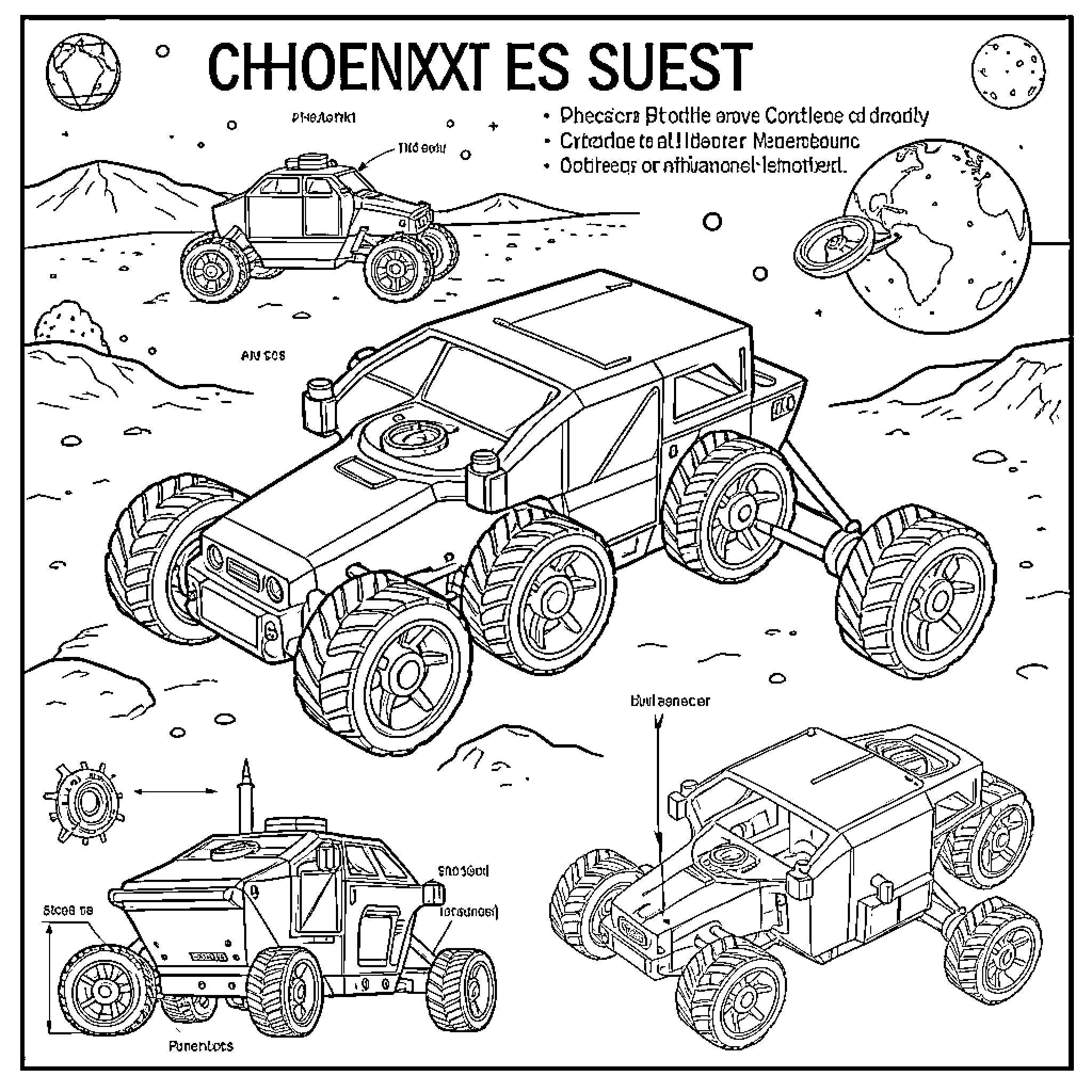 Rover exploring rocky terrain on a distant planet Coloring Page (free black-and-white line drawing printable PDF for all, from beginners to advanced learners, including children, teens, adults, and seniors)