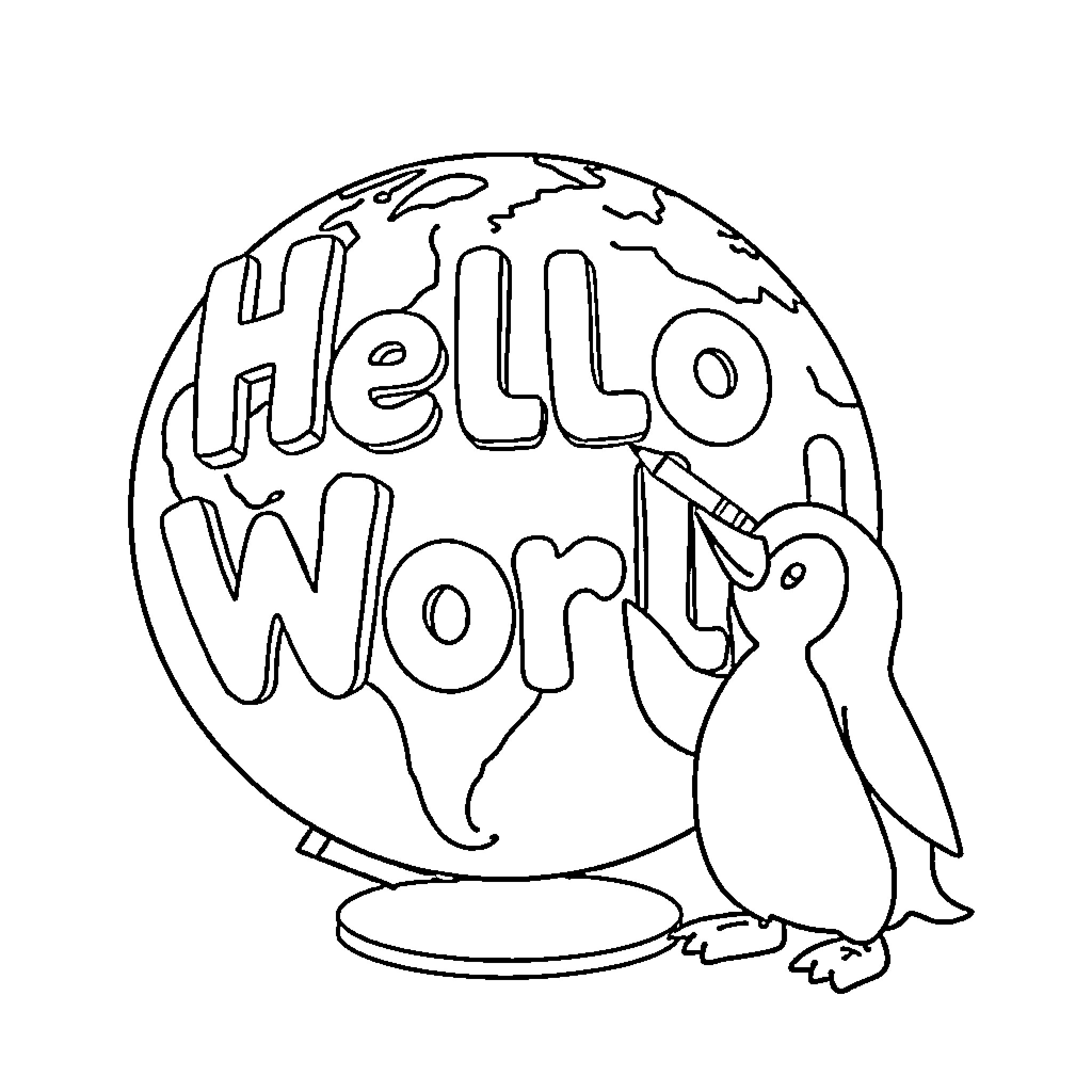 Globe with 'Hello World' text and penguin Coloring Page (free black-and-white line drawing printable PDF for all, from beginners to advanced learners, including children, teens, adults, and seniors)