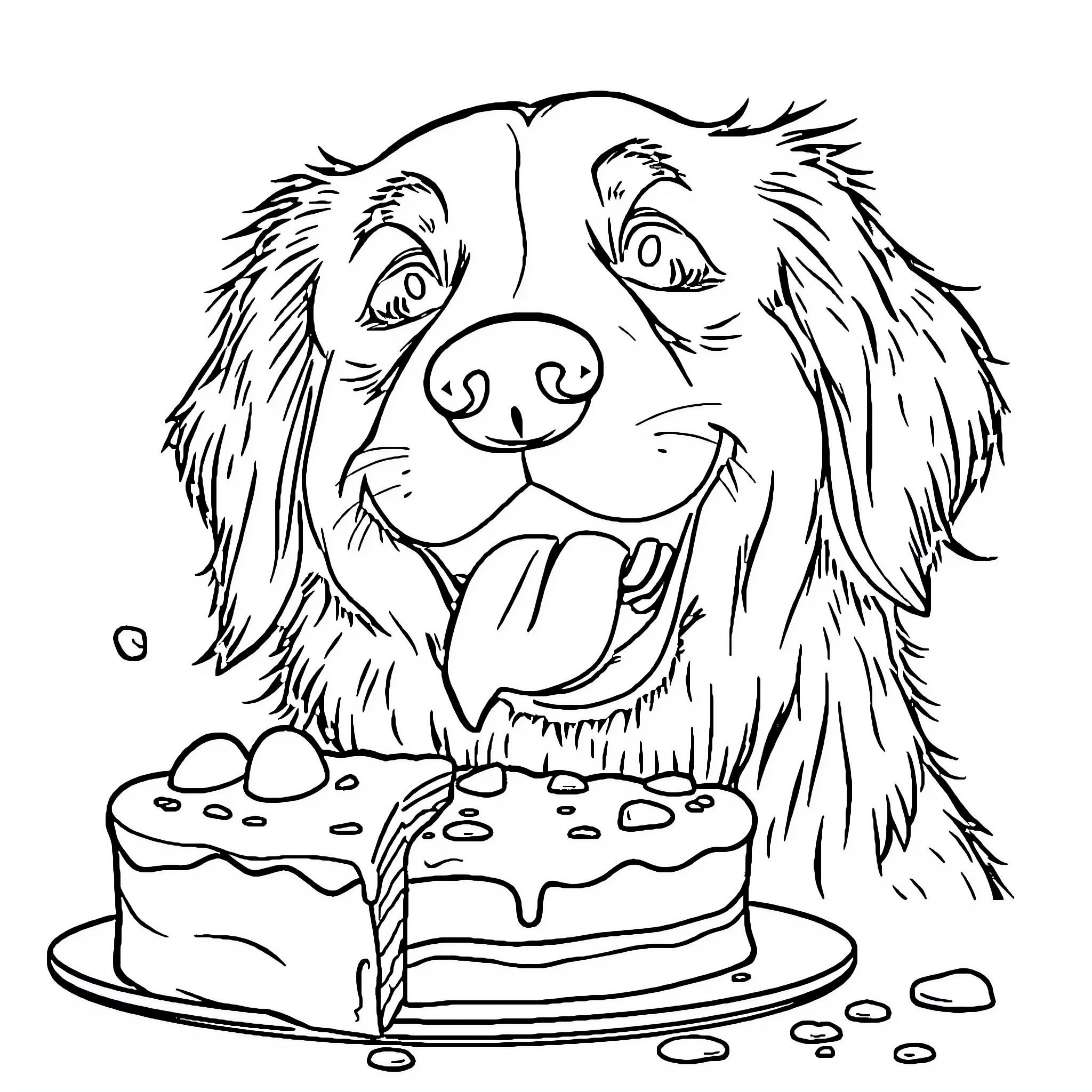 Golden Retriever enjoying a birthday cake Coloring Page (free black-and-white line drawing printable PDF for all, from beginners to advanced learners, including children, teens, adults, and seniors)