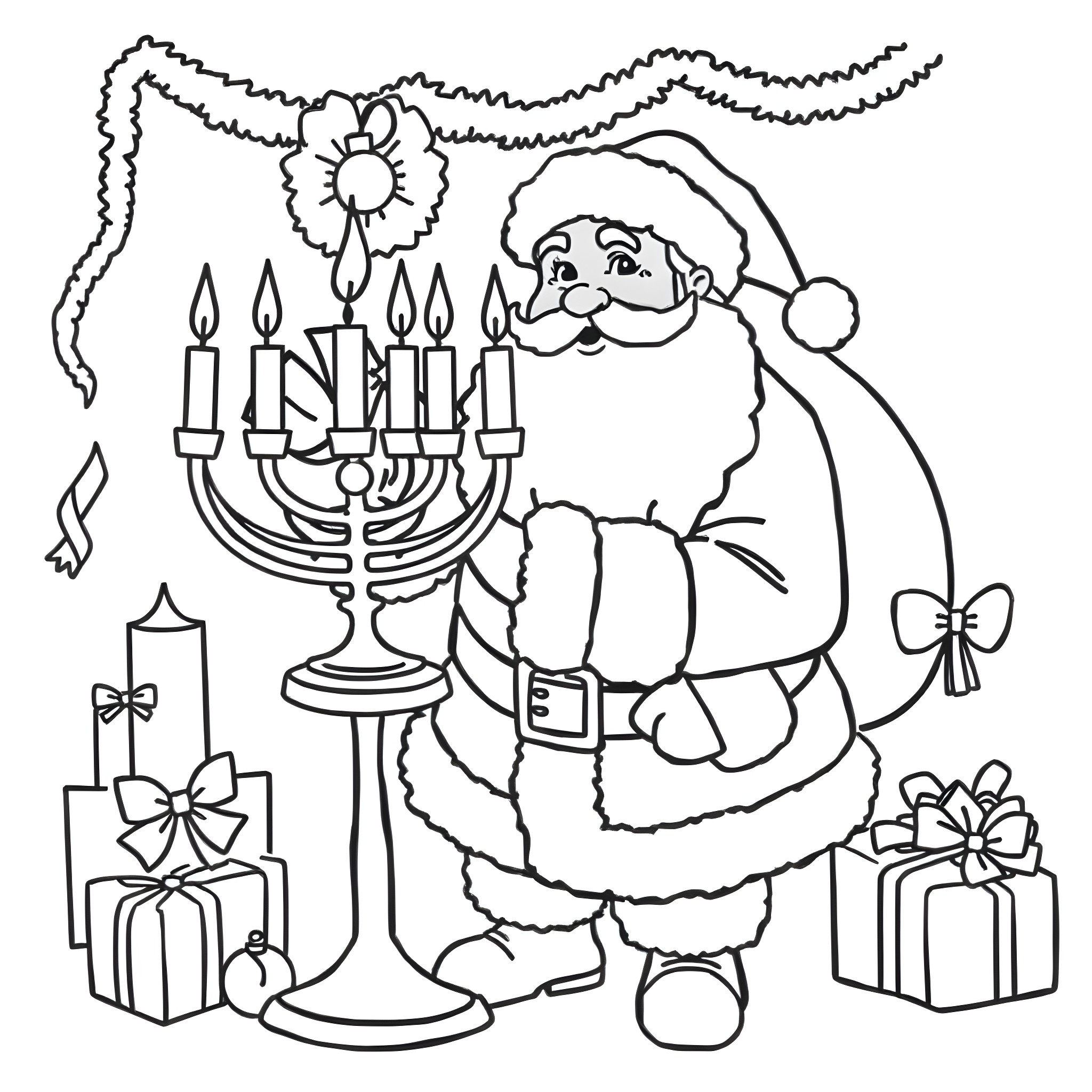 Santa decorating for the holidays with menorah and gifts Coloring Page (free black-and-white line drawing printable PDF for all, from beginners to advanced learners, including children, teens, adults, and seniors)