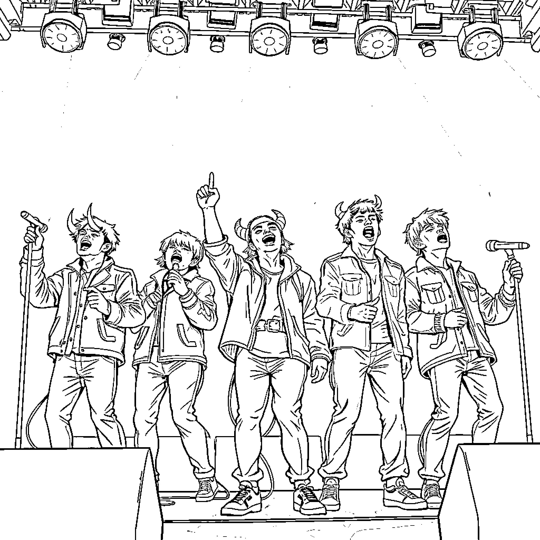 Demon Hunters Triumph with Determination Coloring Page (free black-and-white line drawing printable PDF for all, from beginners to advanced learners, including children, teens, adults, and seniors)