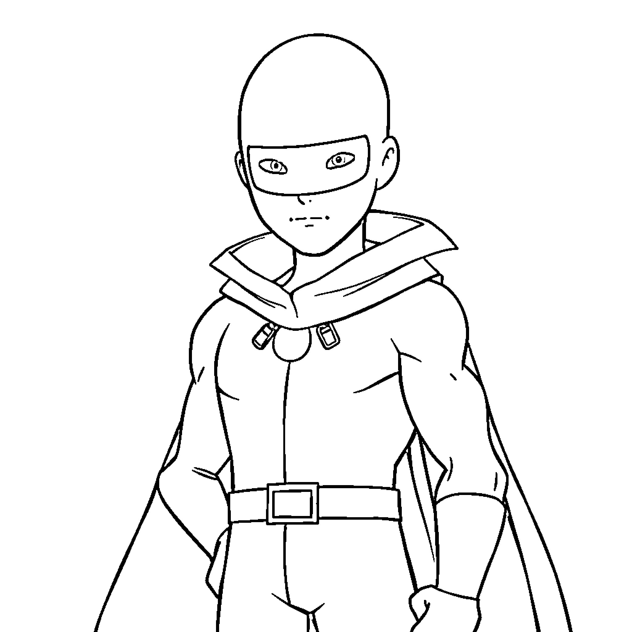 Saitama in Heroic Pose with Determined Expression Coloring Page (free black-and-white line drawing printable PDF for all, from beginners to advanced learners, including children, teens, adults, and seniors)