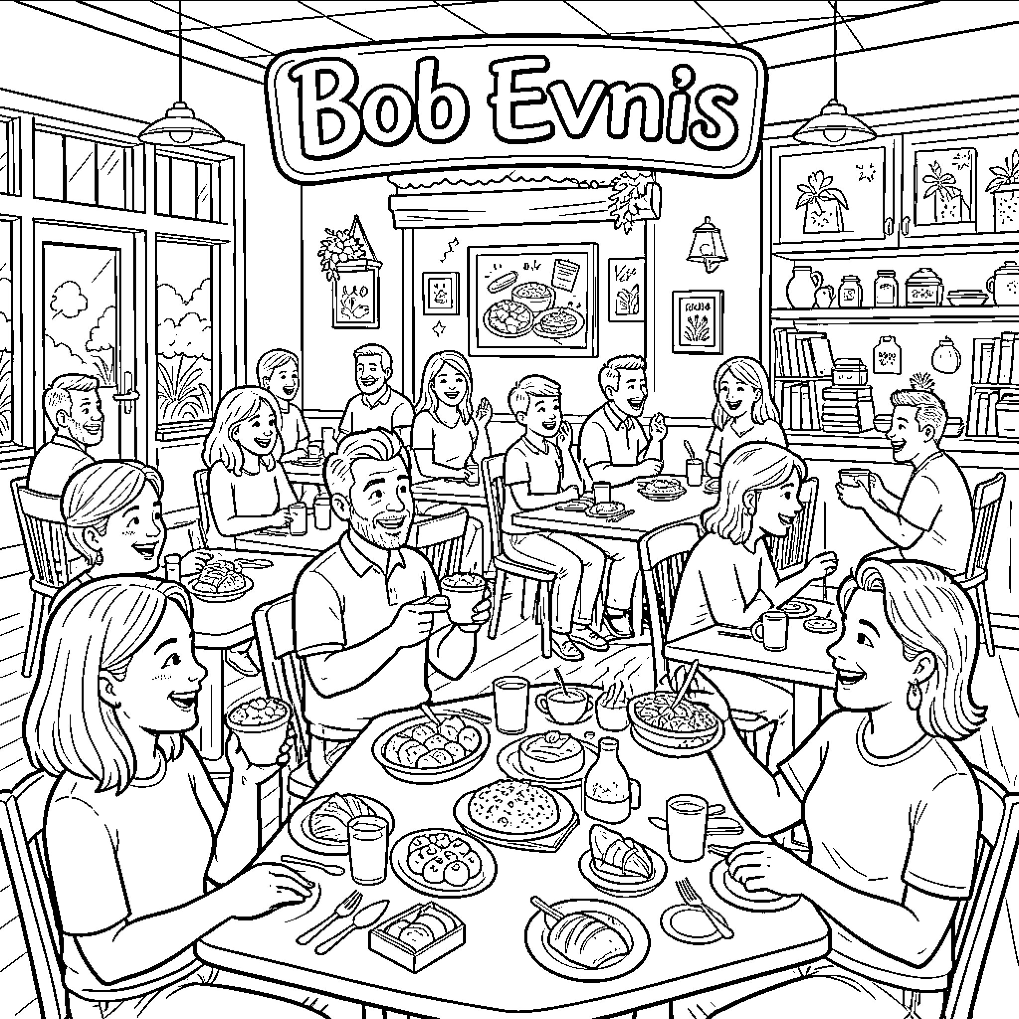 Mother's Day family gathering at a cozy diner Coloring Page (free black-and-white line drawing printable PDF for all, from beginners to advanced learners, including children, teens, adults, and seniors)