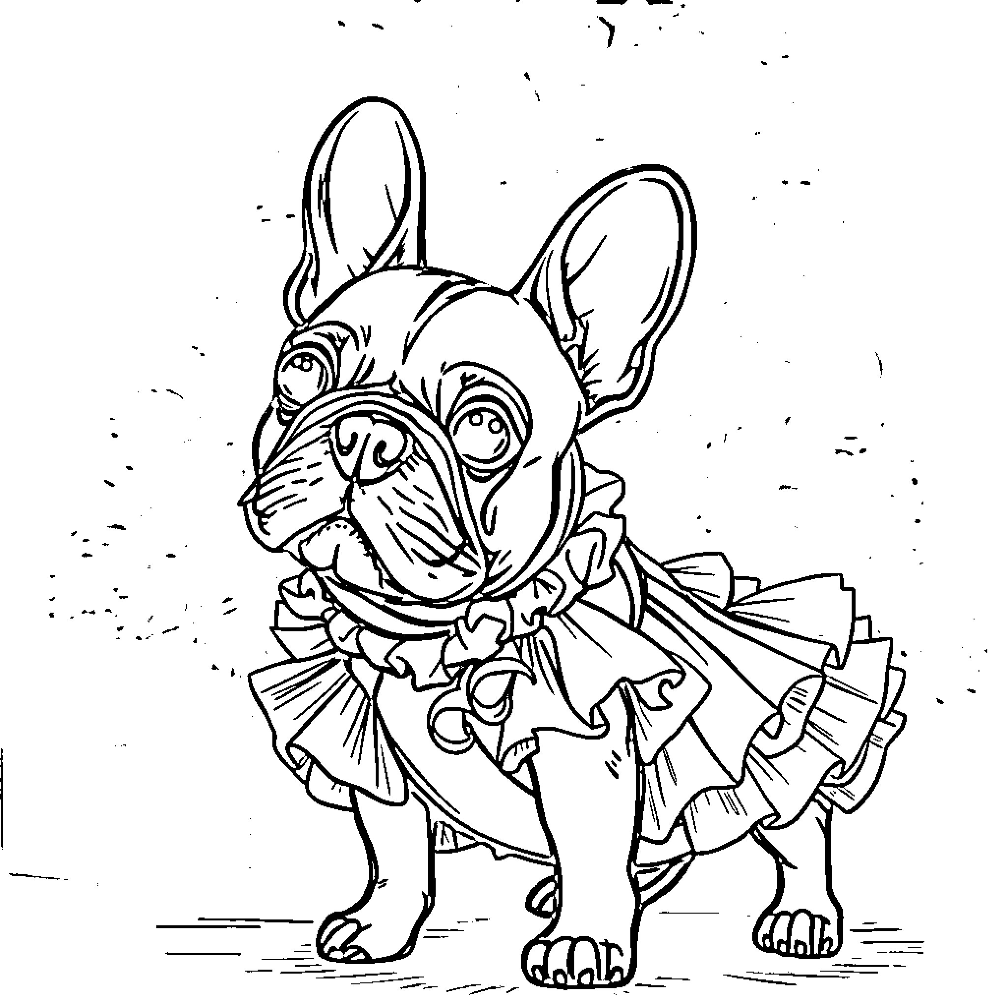 French Bulldog wearing a frilly costume Coloring Page (free black-and-white line drawing printable PDF for all, from beginners to advanced learners, including children, teens, adults, and seniors)