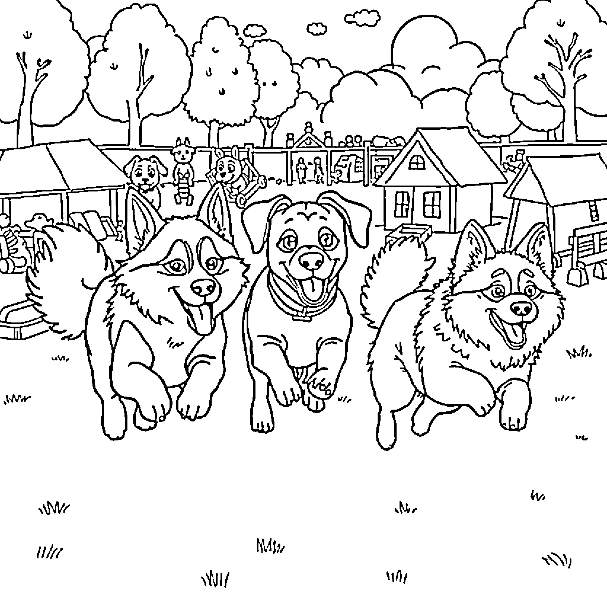 Dog Playmates Enjoying a Day in the Neighborhood Coloring Page (free black-and-white line drawing printable PDF for all, from beginners to advanced learners, including children, teens, adults, and seniors)