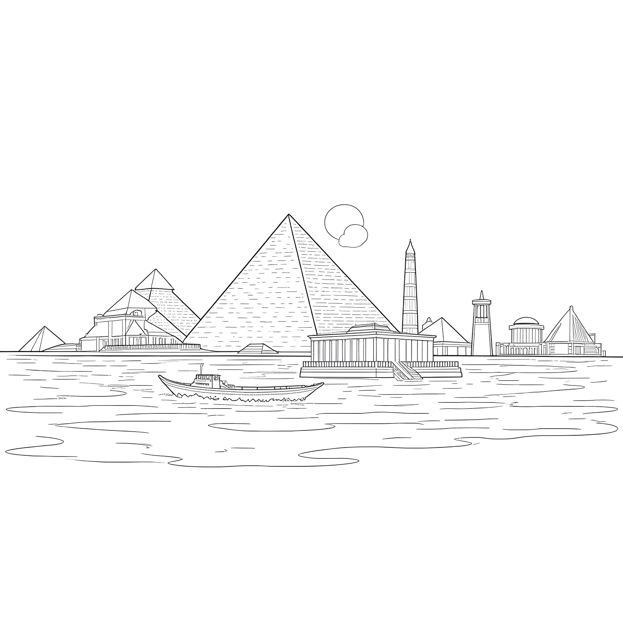 Wonder of ancient Egyptian landmarks Coloring Page (free black-and-white line drawing printable PDF for all, from beginners to advanced learners, including children, teens, adults, and seniors)