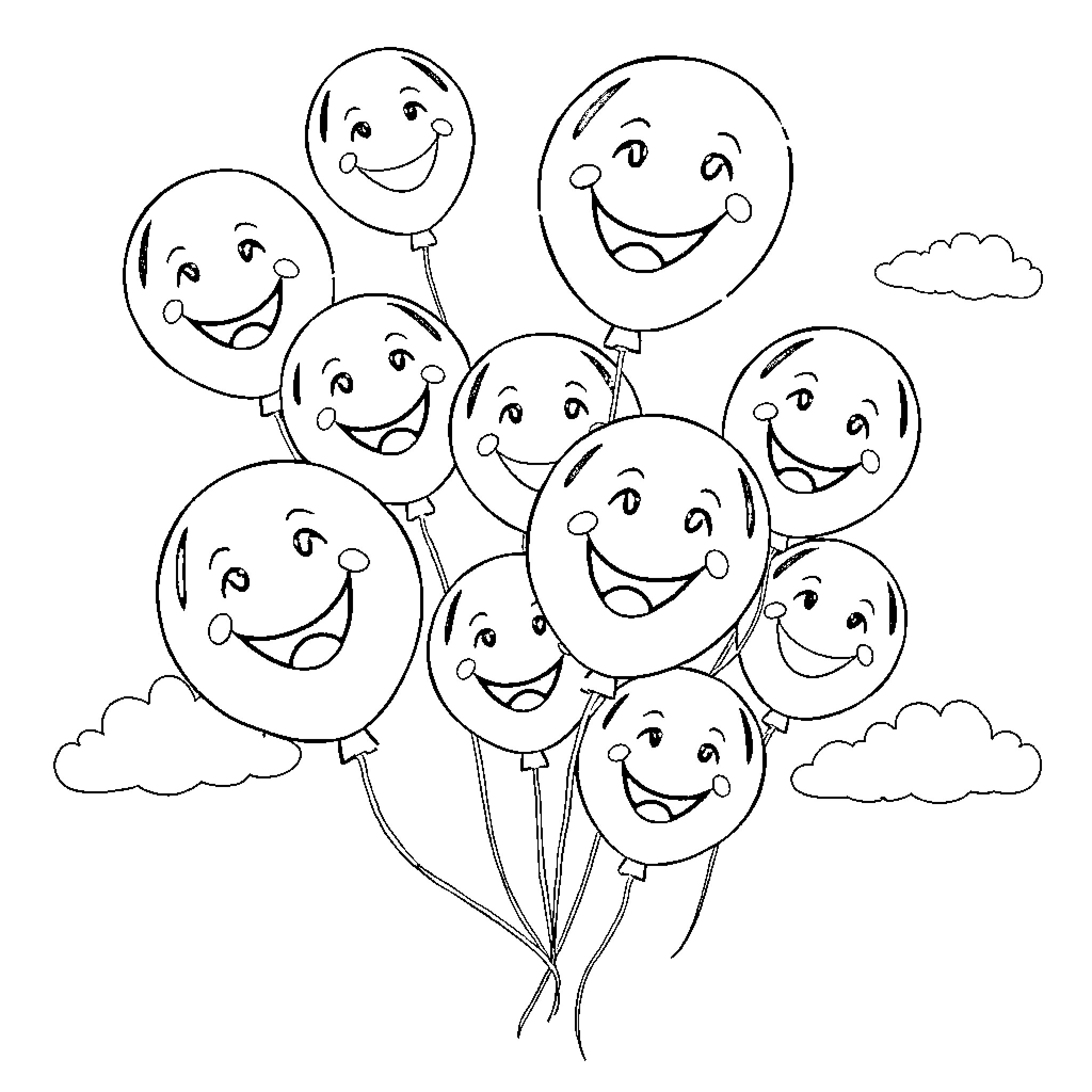 Balloon smiling faces floating in the sky Coloring Page (free black-and-white line drawing printable PDF for all, from beginners to advanced learners, including children, teens, adults, and seniors)
