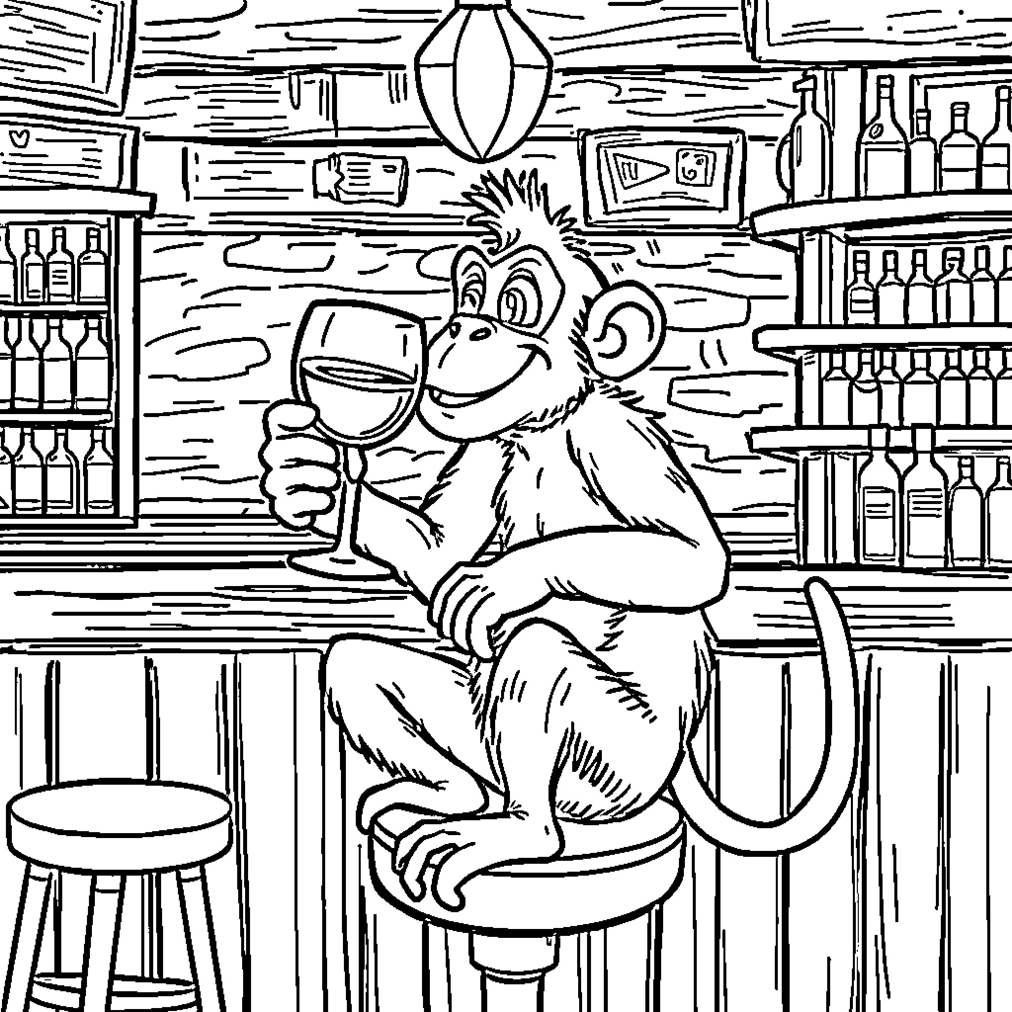 Monkey drinking in a bar Coloring Page (free black-and-white line drawing printable PDF for all, from beginners to advanced learners, including children, teens, adults, and seniors)