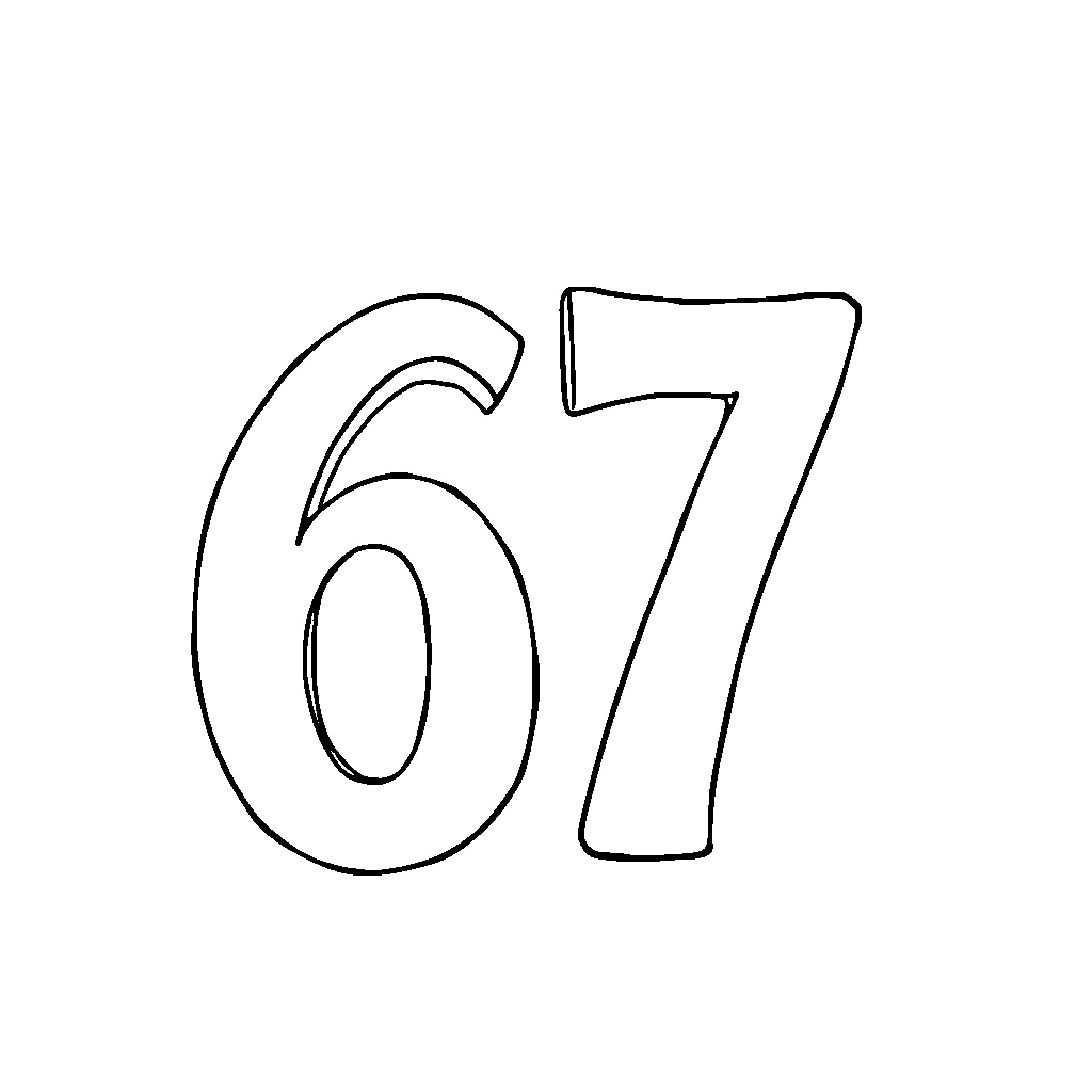 67 Hand-Drawn Number in Simple Outline Style Coloring Page (free black-and-white line drawing printable PDF for all, from beginners to advanced learners, including children, teens, adults, and seniors)