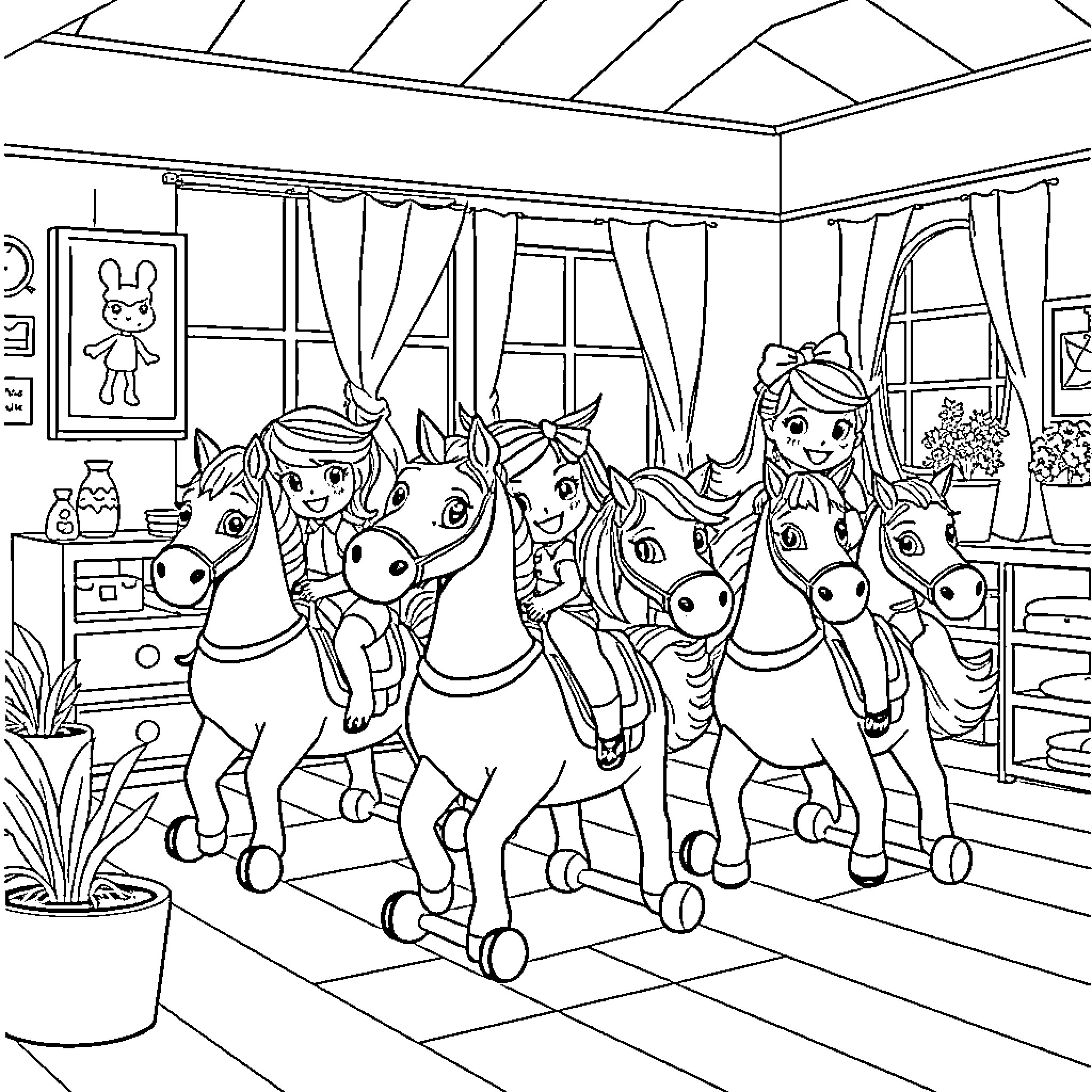 Dollhouse with cheerful children and toy horses Coloring Page (free black-and-white line drawing printable PDF for all, from beginners to advanced learners, including children, teens, adults, and seniors)