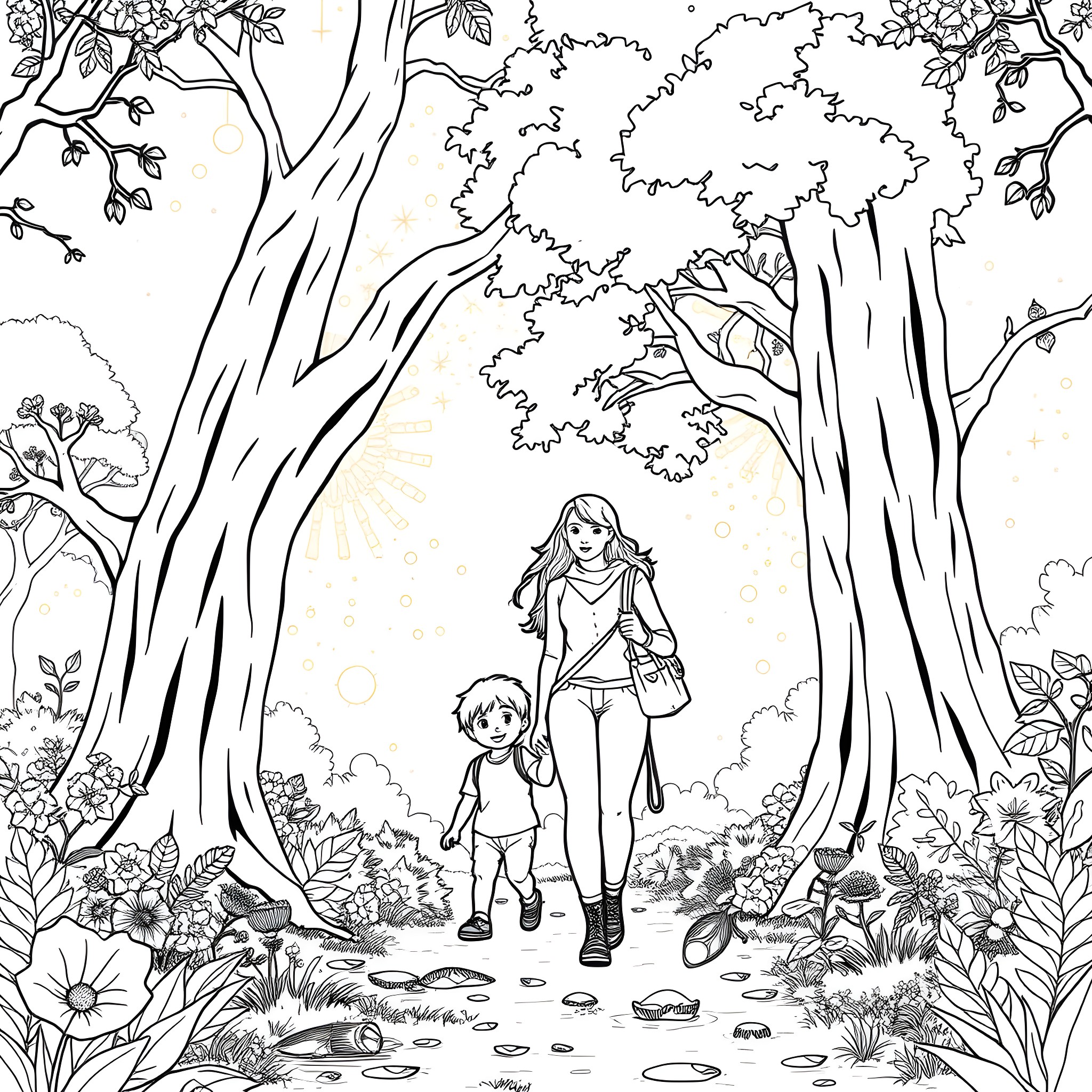 Mom and child exploring the enchanting forest Coloring Page (free black-and-white line drawing printable PDF for all, from beginners to advanced learners, including children, teens, adults, and seniors)