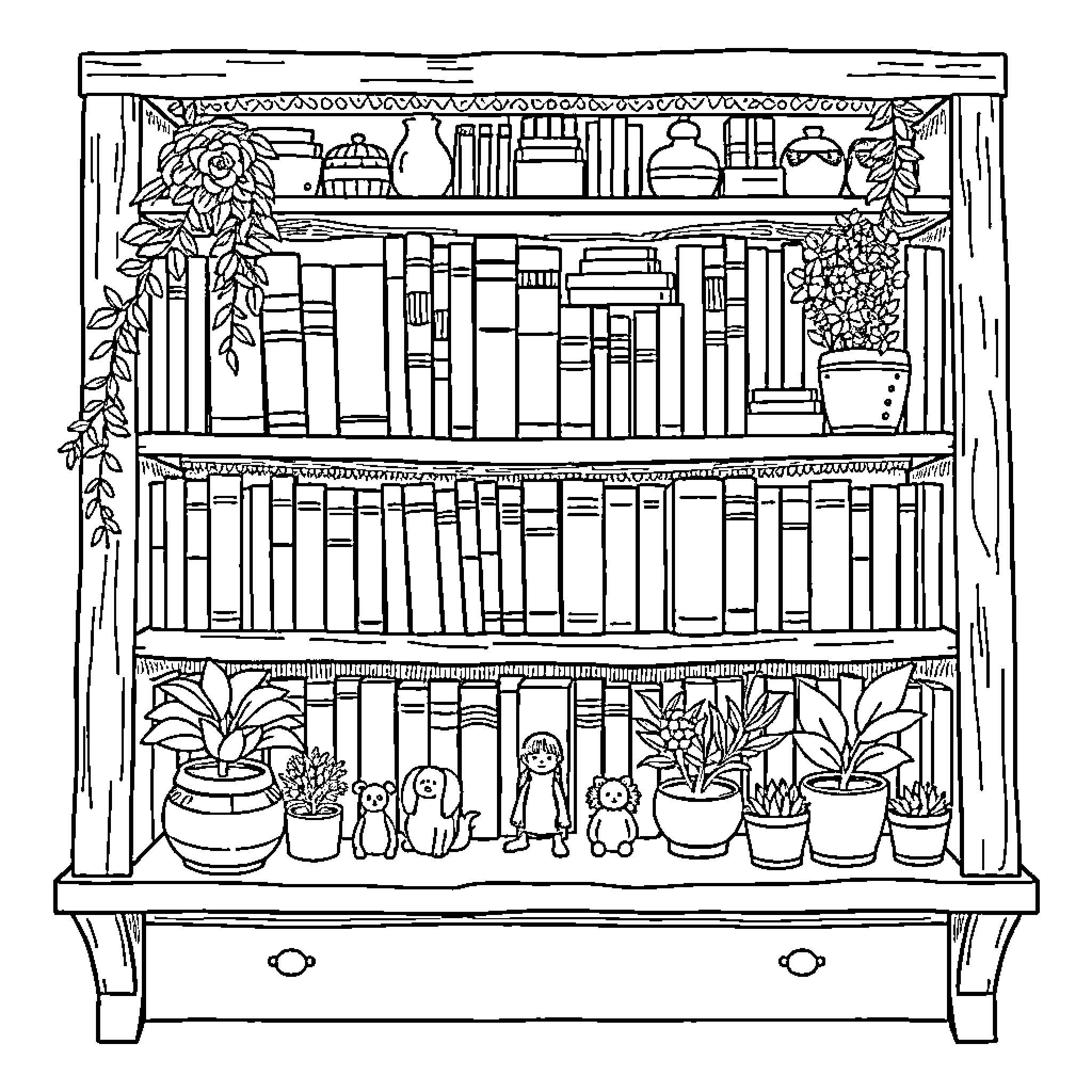 Bookshelf with books, plants, and decorative items Coloring Page (free black-and-white line drawing printable PDF for all, from beginners to advanced learners, including children, teens, adults, and seniors)