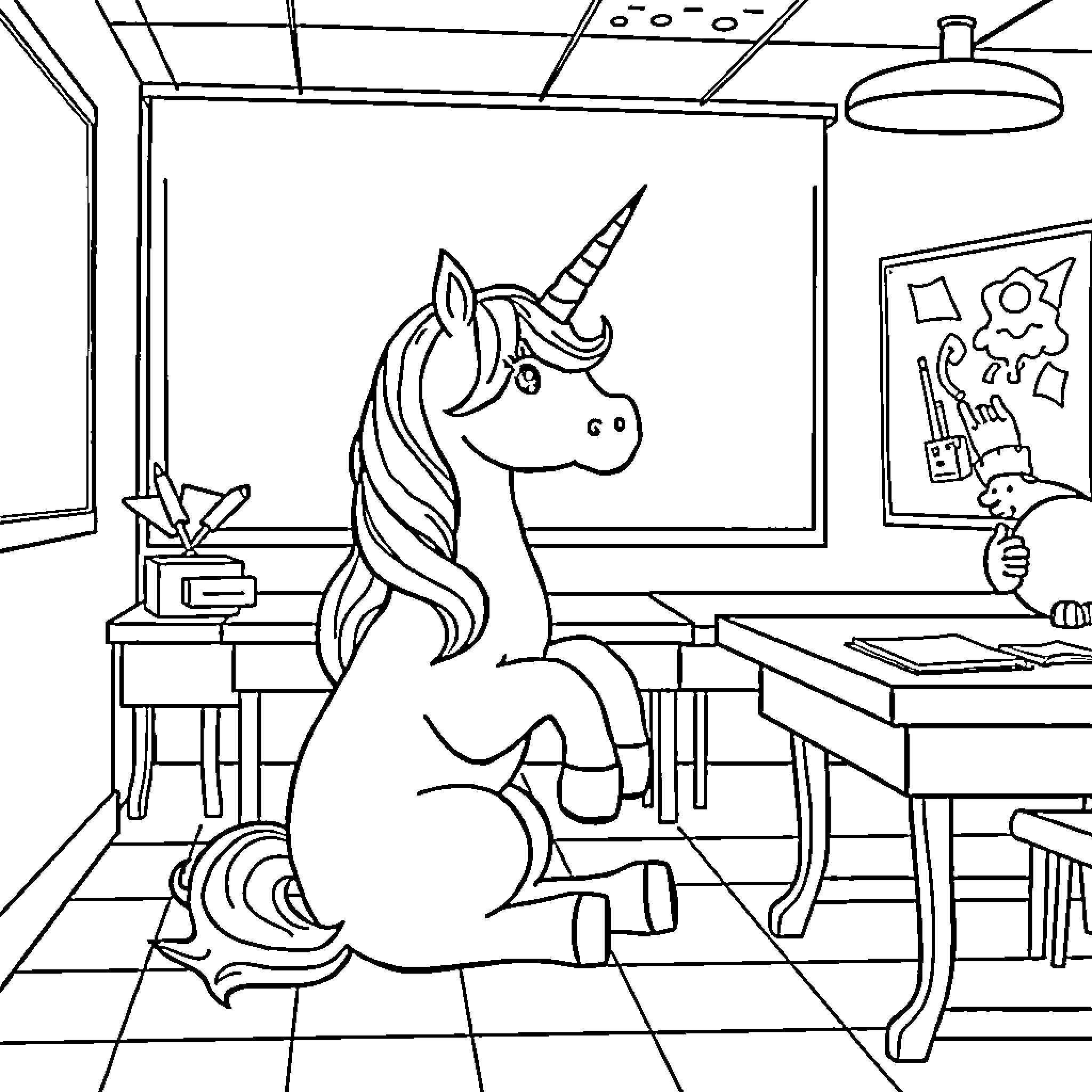 Unicorn sitting in a classroom Coloring Page (free black-and-white line drawing printable PDF for all, from beginners to advanced learners, including children, teens, adults, and seniors)