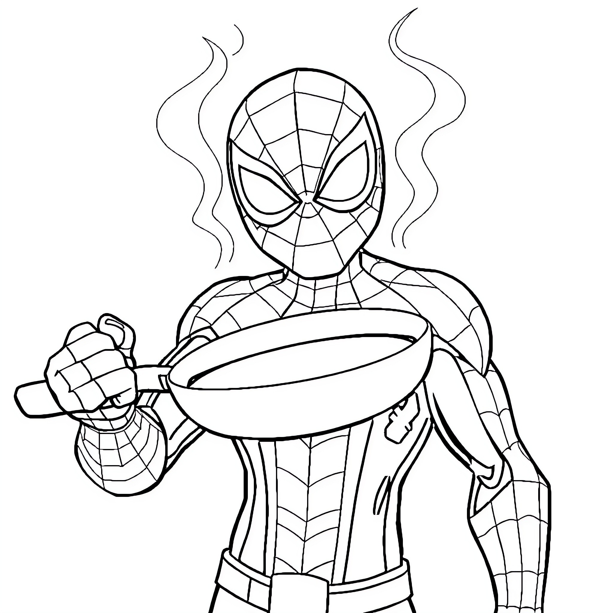 Spiderman cooking a meal with determination Coloring Page (free black-and-white line drawing printable PDF for all, from beginners to advanced learners, including children, teens, adults, and seniors)