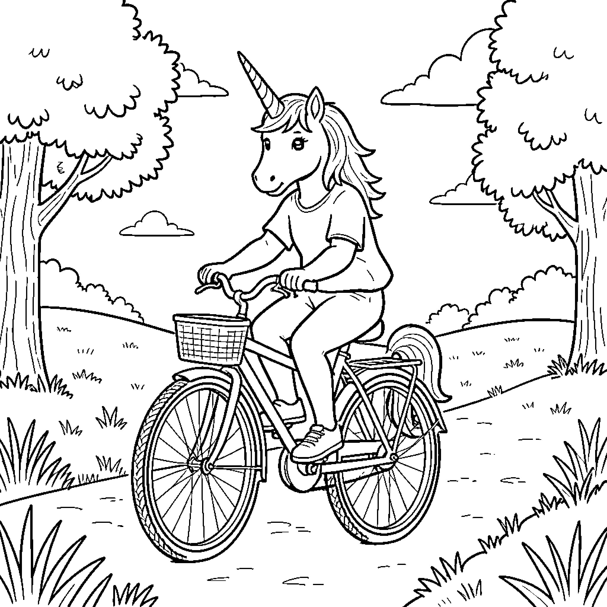 Unicorn riding a bicycle through a peaceful park Coloring Page (free black-and-white line drawing printable PDF for all, from beginners to advanced learners, including children, teens, adults, and seniors)