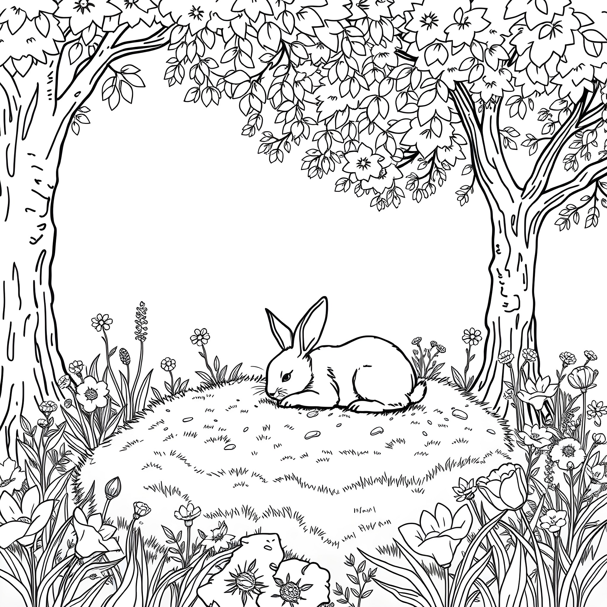 Rabbit resting in a lush, floral meadow Coloring Page (free black-and-white line drawing printable PDF for all, from beginners to advanced learners, including children, teens, adults, and seniors)