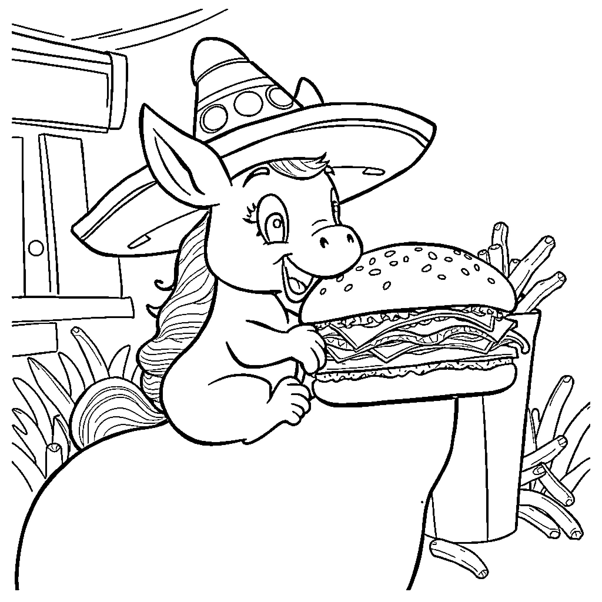 Skeleton donkey enjoying a tasty burger Coloring Page (free black-and-white line drawing printable PDF for all, from beginners to advanced learners, including children, teens, adults, and seniors)