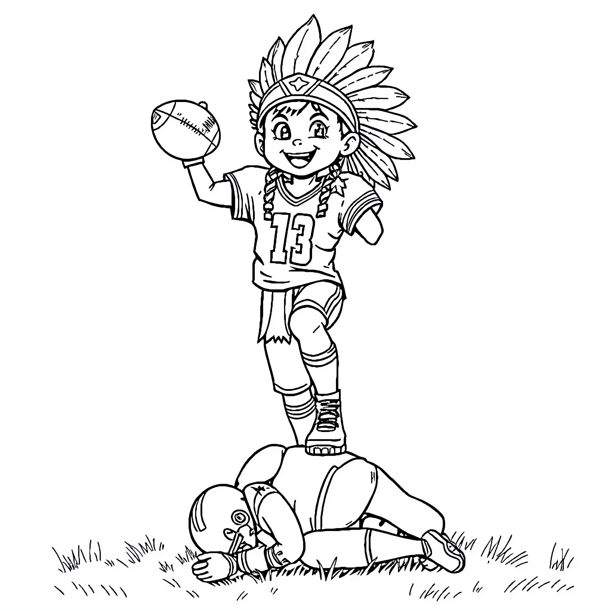Child in sports uniform playing with football Coloring Page (free black-and-white line drawing printable PDF for all, from beginners to advanced learners, including children, teens, adults, and seniors)