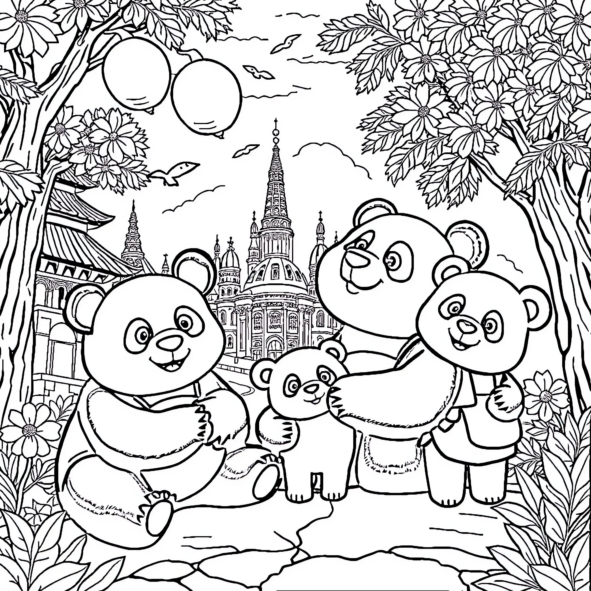 Panda family exploring a fantasy landscape Coloring Page (free black-and-white line drawing printable PDF for all, from beginners to advanced learners, including children, teens, adults, and seniors)