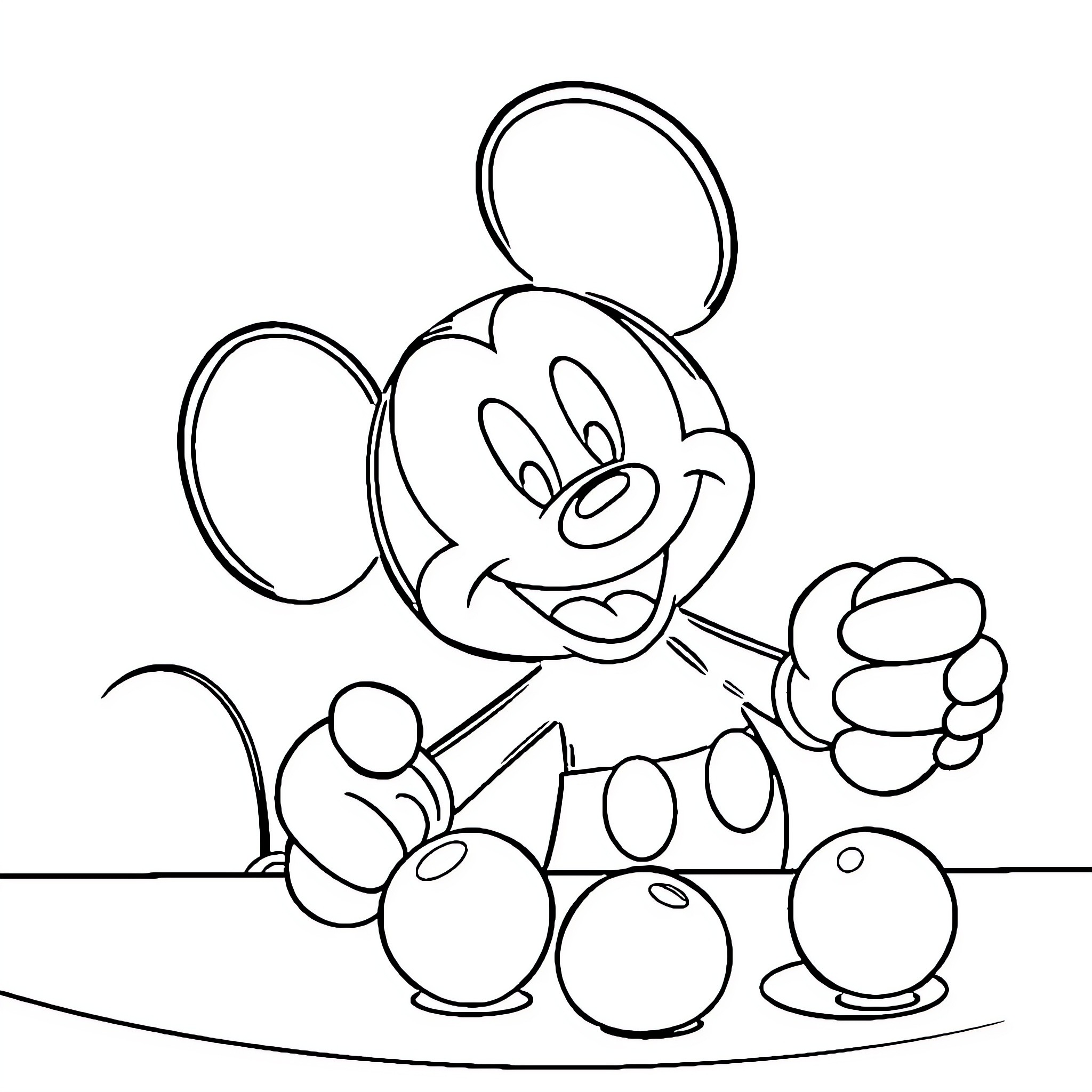 Mickey Mouse cheerfully serving apples Coloring Page (free black-and-white line drawing printable PDF for all, from beginners to advanced learners, including children, teens, adults, and seniors)