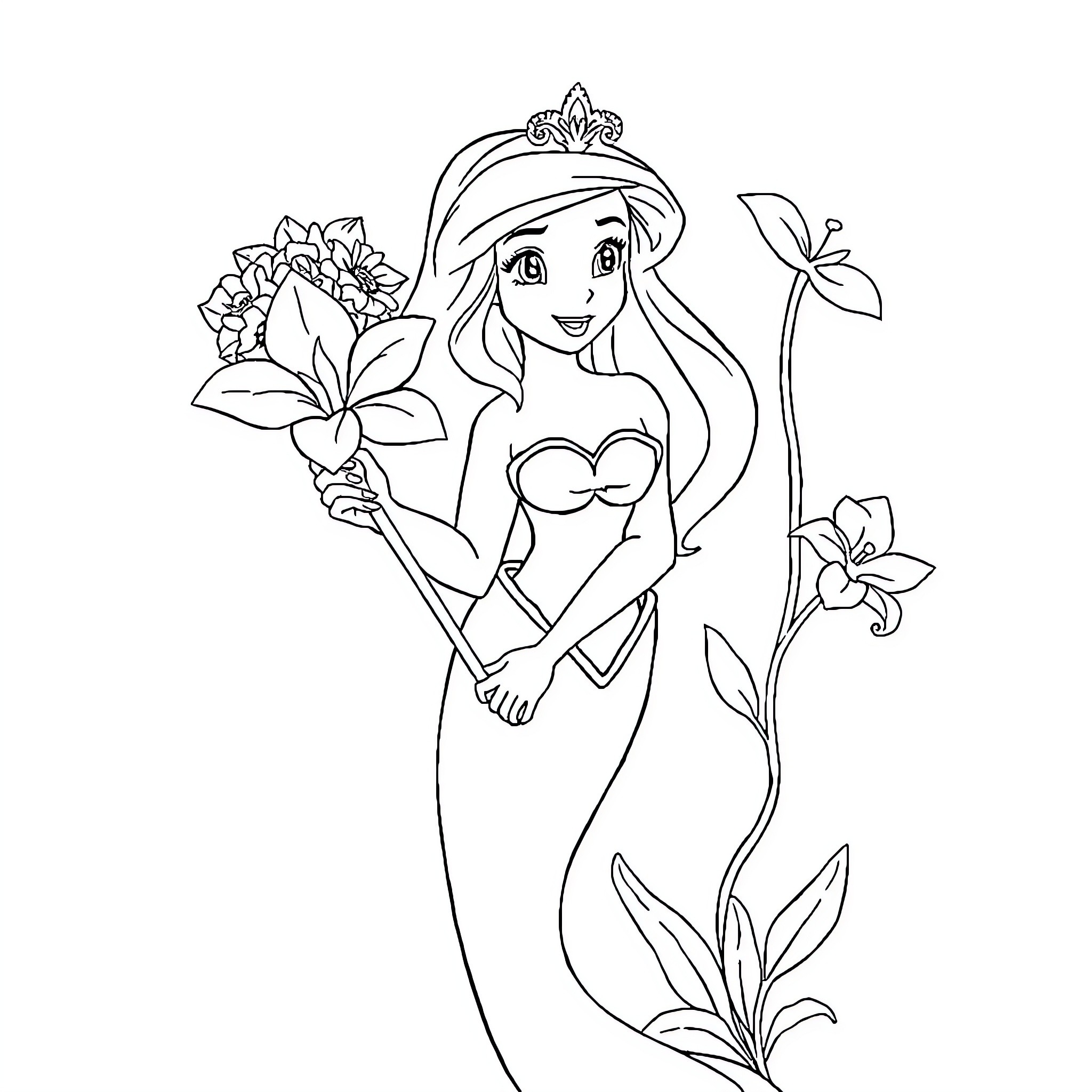 Ariel the Mermaid Surrounded by Flowers Coloring Page (free black-and-white line drawing printable PDF for all, from beginners to advanced learners, including children, teens, adults, and seniors)