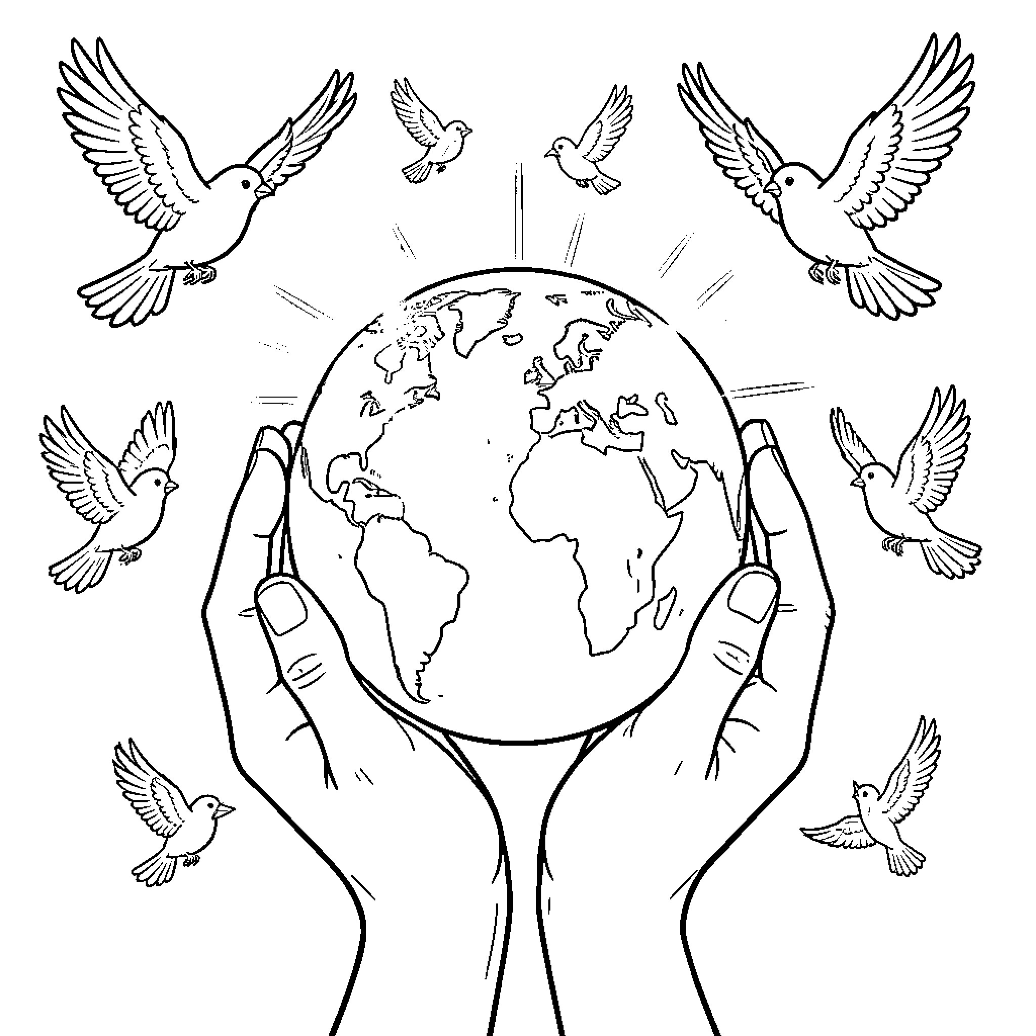 Earth cradled by outstretched hands with birds in flight Coloring Page (free black-and-white line drawing printable PDF for all, from beginners to advanced learners, including children, teens, adults, and seniors)