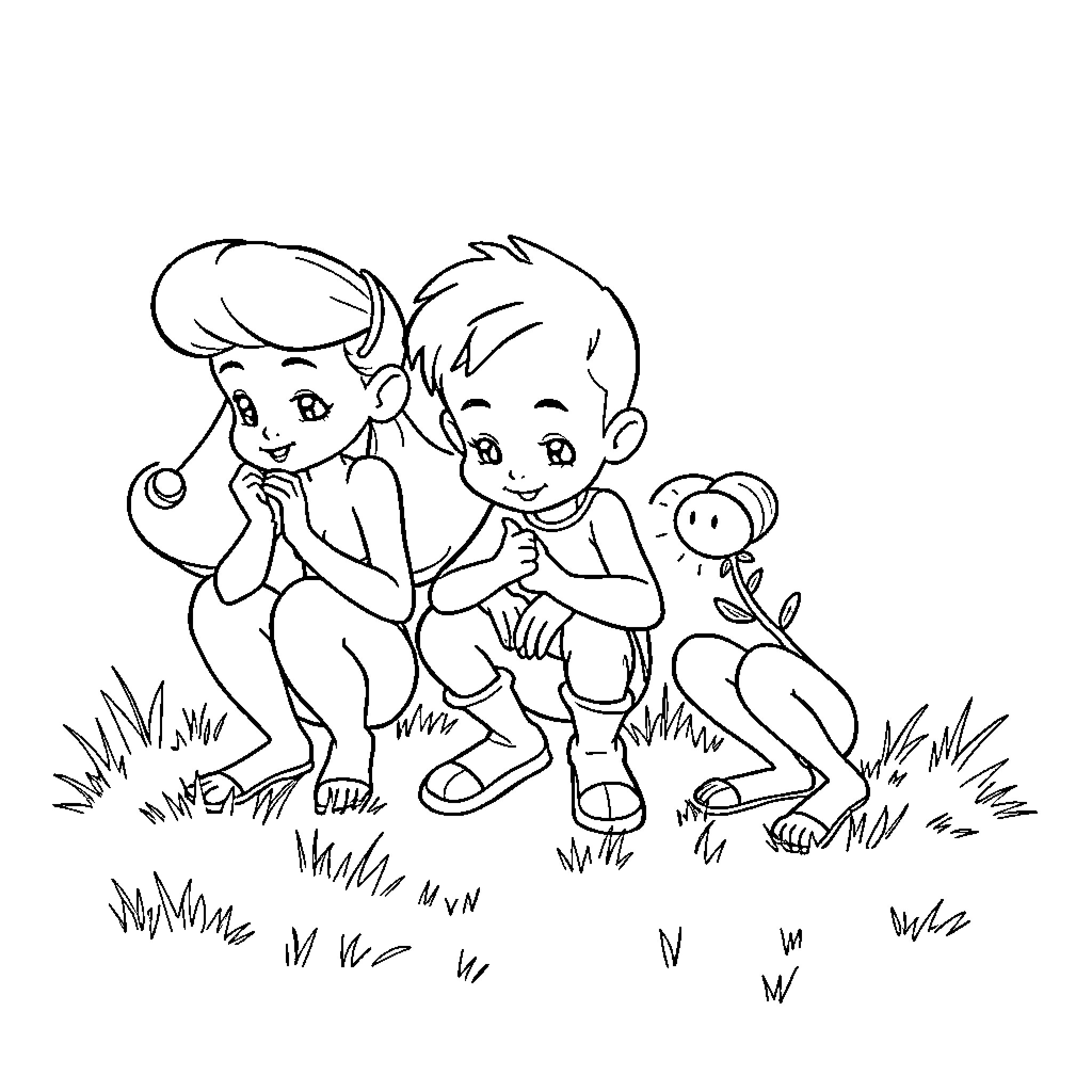 Pearl children exploring nature together Coloring Page (free black-and-white line drawing printable PDF for all, from beginners to advanced learners, including children, teens, adults, and seniors)