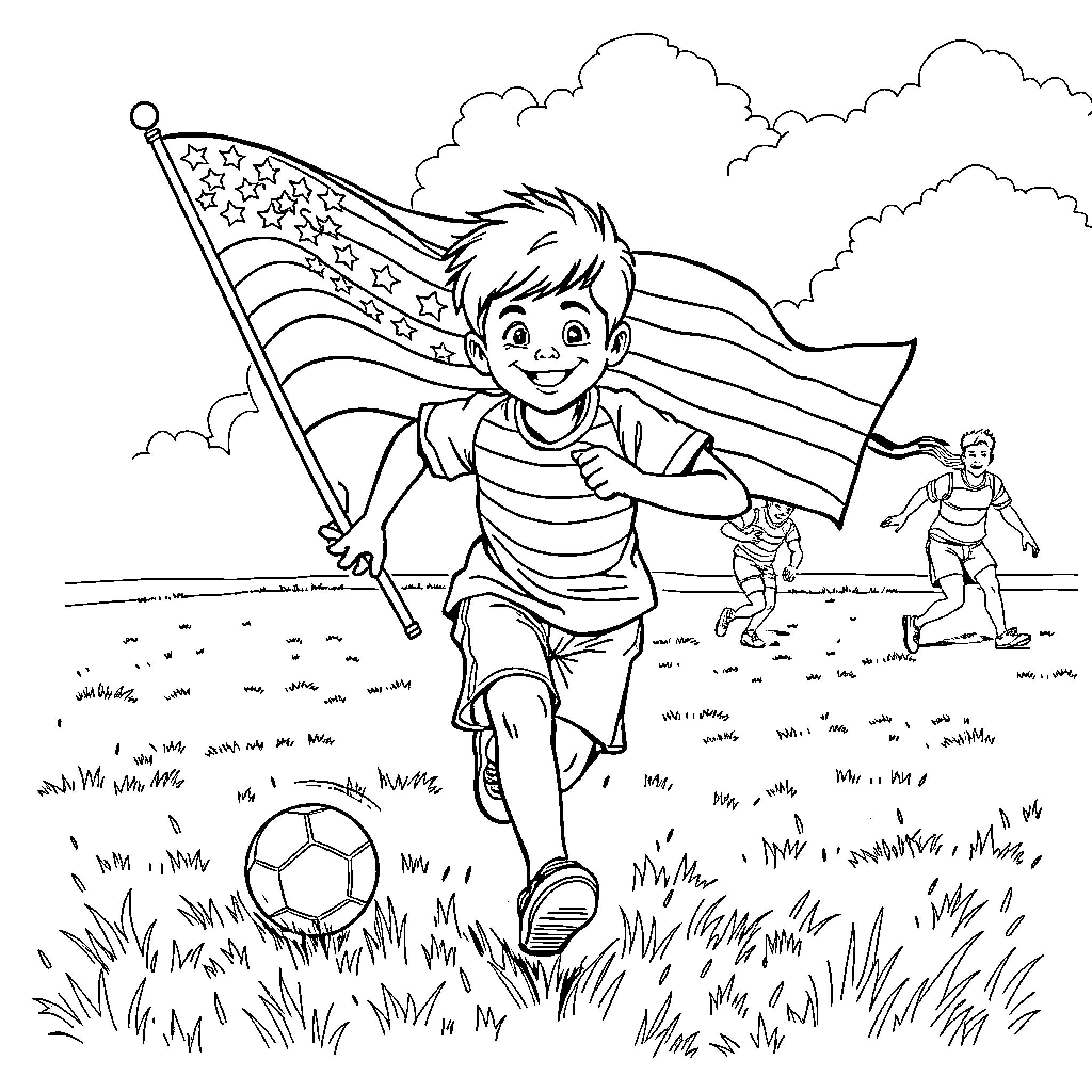 Boy joyfully running with American flag Coloring Page (free black-and-white line drawing printable PDF for all, from beginners to advanced learners, including children, teens, adults, and seniors)
