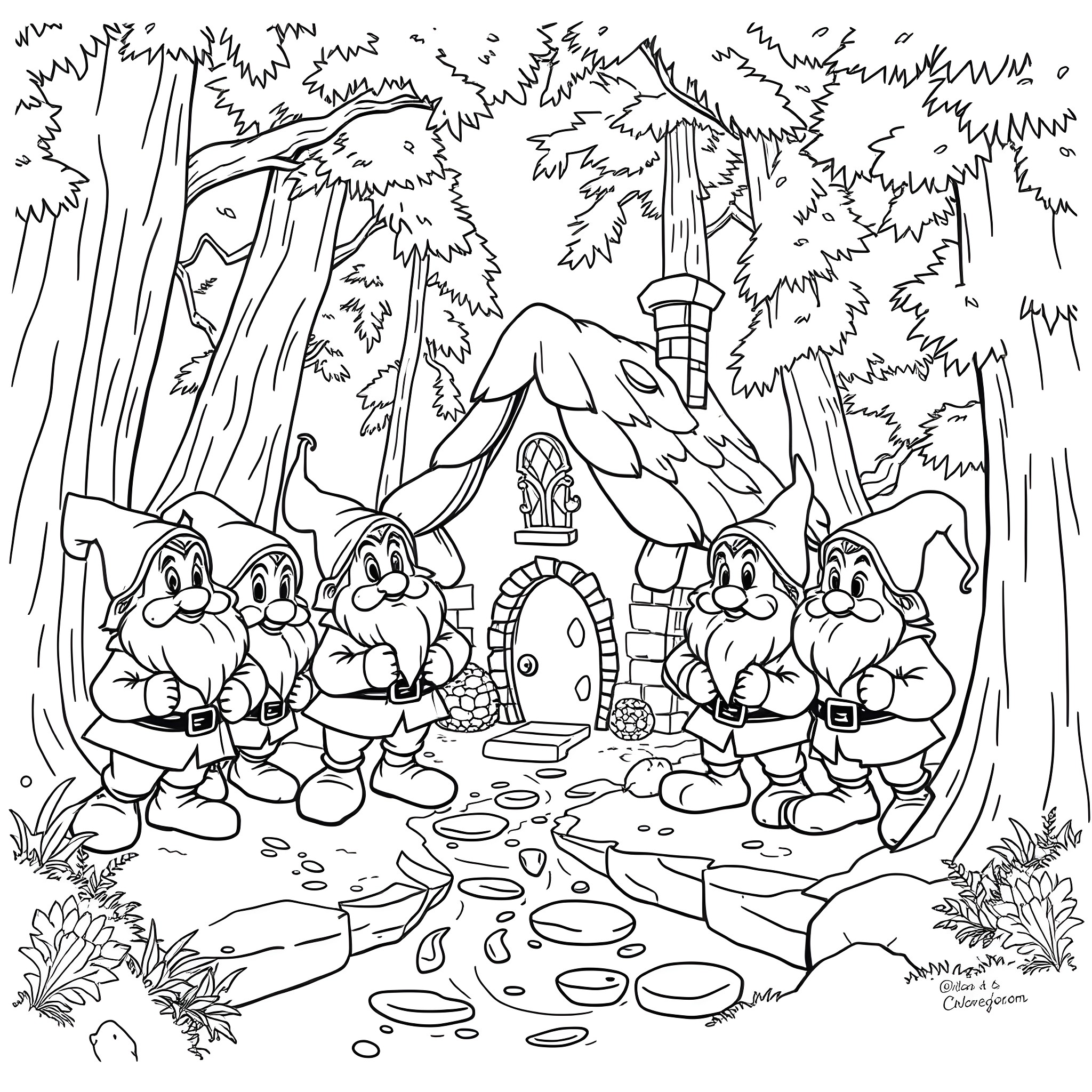 Dwarf miners in the enchanted forest Coloring Page (free black-and-white line drawing printable PDF for all, from beginners to advanced learners, including children, teens, adults, and seniors)
