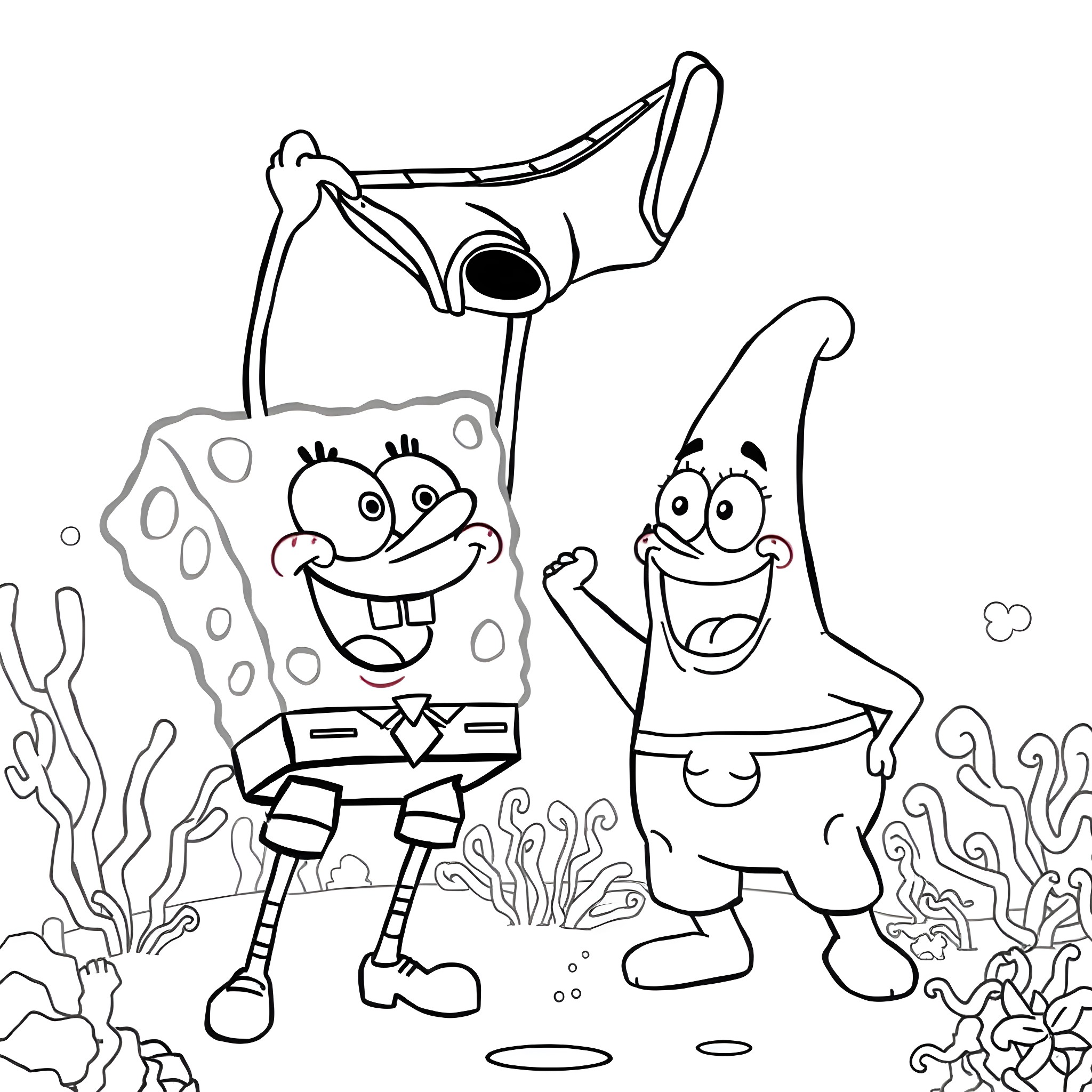 Spongebob and Patrick's Underwater Adventure Coloring Page (free black-and-white line drawing printable PDF for all, from beginners to advanced learners, including children, teens, adults, and seniors)